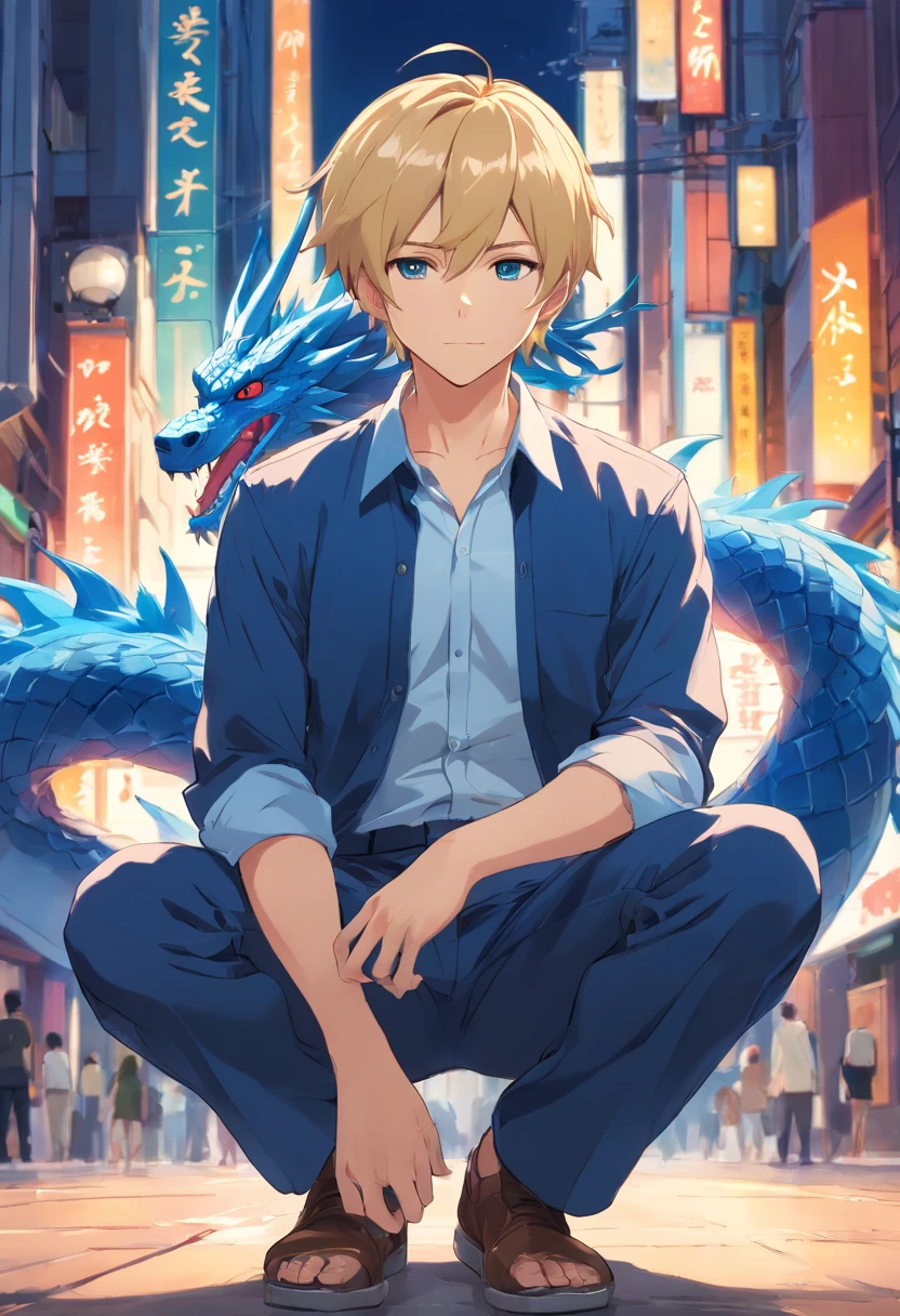 Two-block short hair, short blond Japanese anime male, beard, 40 years old, full body, wearing dark blue set-up, white shirt, with blue dragon, fantasy