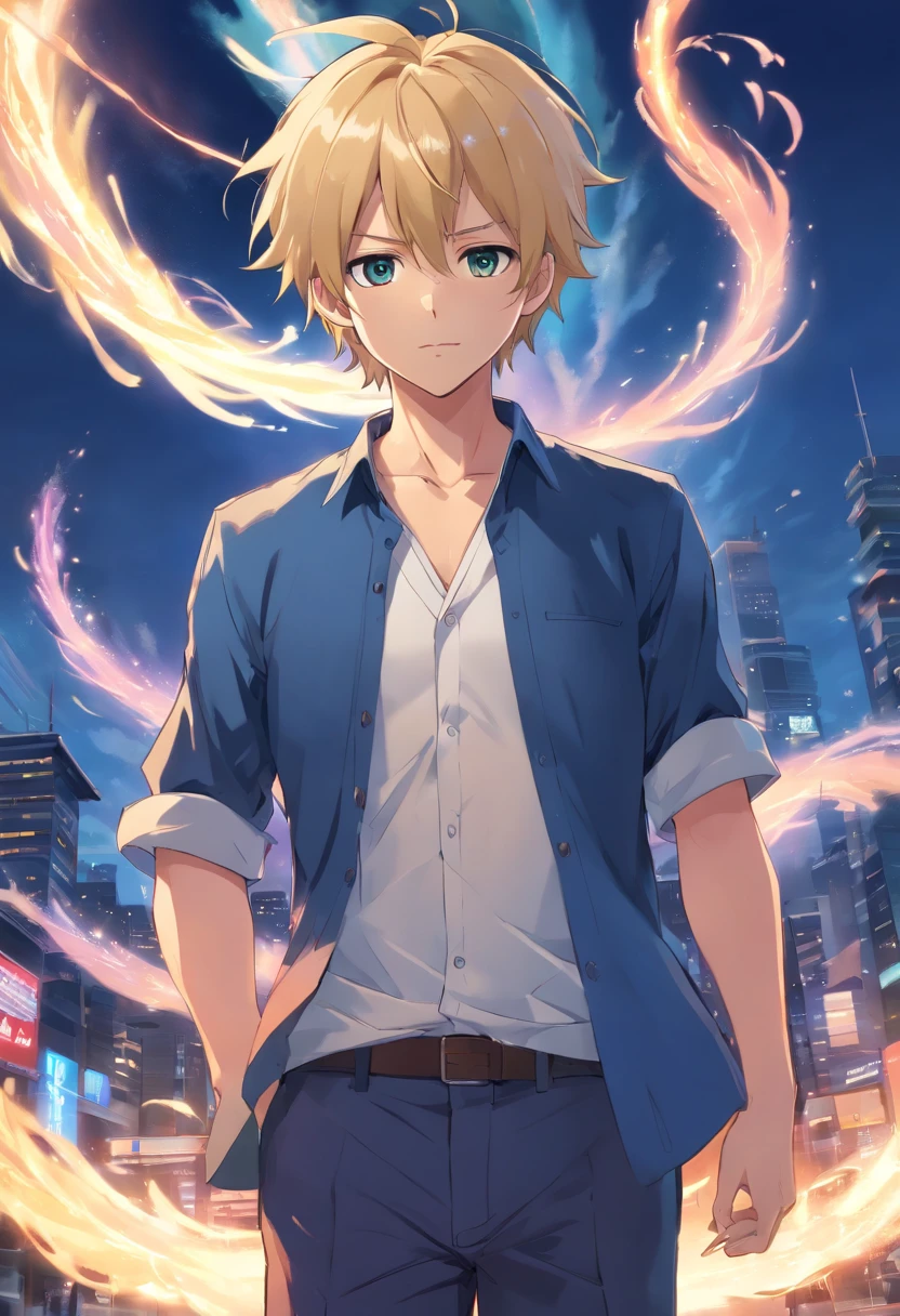 Two-block short hair, short blond Japanese anime male, beard, 40 years old, full body, wearing dark blue set-up, white shirt, with blue dragon, fantasy
