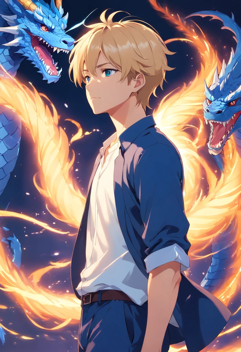 Two-block short hair, short blond Japanese anime male, beard, 40 years old, full body, wearing dark blue set-up, white shirt, with blue dragon, fantasy