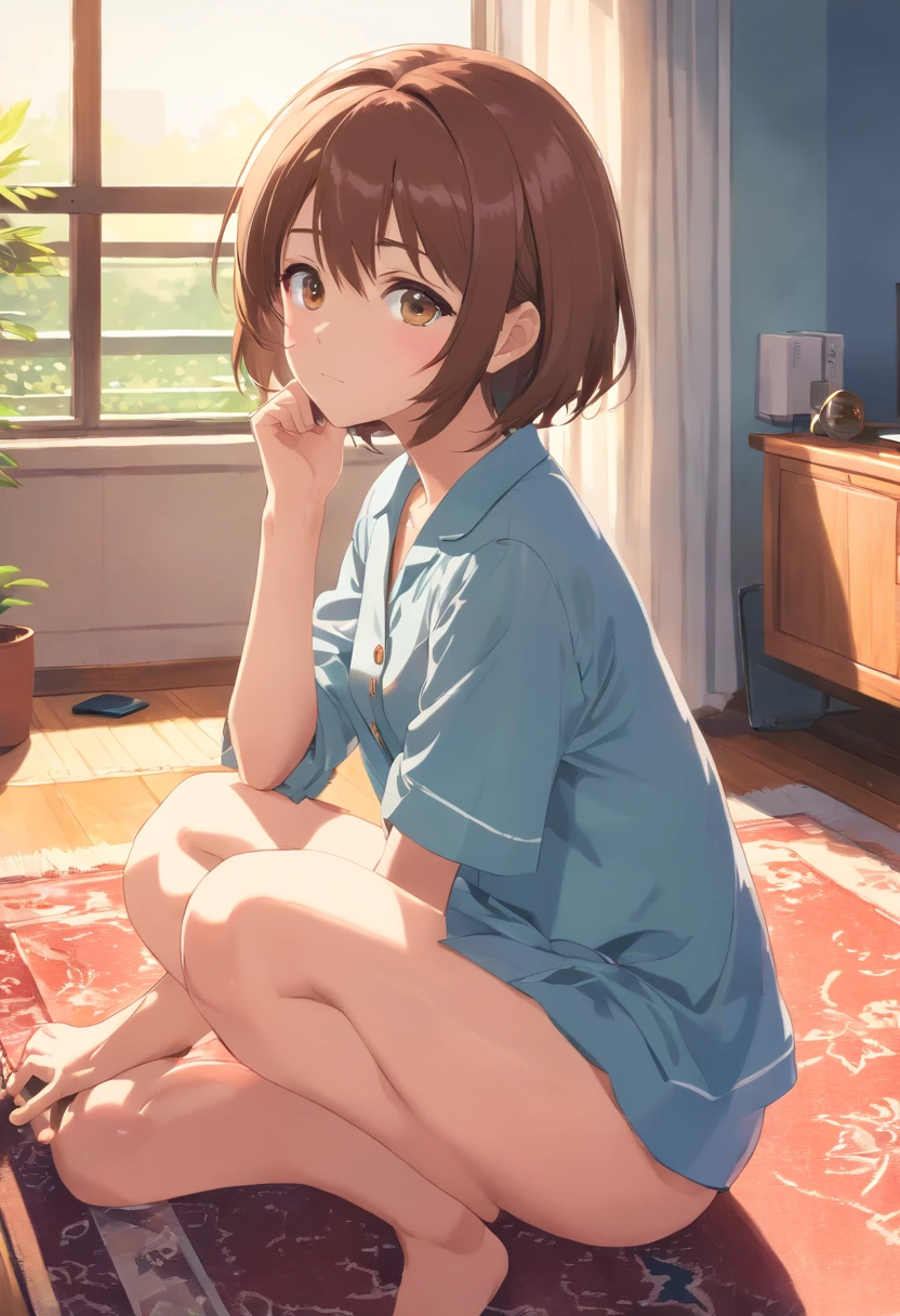 Completely naked, leaning over, Climax, get excstacy, no clothes, masterpiece, very short pigtails,brown hair, Hair tie with two big red clothespins, mature, Female robot, android, joint seam, blue eyes, full body figure, Height: 160cm, flushed cheeks, 2020s anime picture, ball joint, missionary angle, A beautiful robot with short brown hair in two short pigtails held up by two large red clothespins. 25 years old 2020s anime picture blue eyes Uplifting, No NSFW, whole body, spread legs, barefoot, masturbate, bedroom