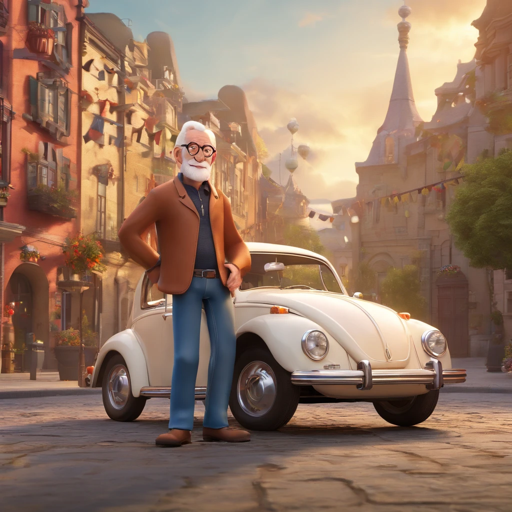 Generate a Disney Pixar style image of an elderly man, bald, square glasses, white beard, dressed in jeans and a rolling stones t-shirt next to a Volkswagen Beetle with the image of a city in the background