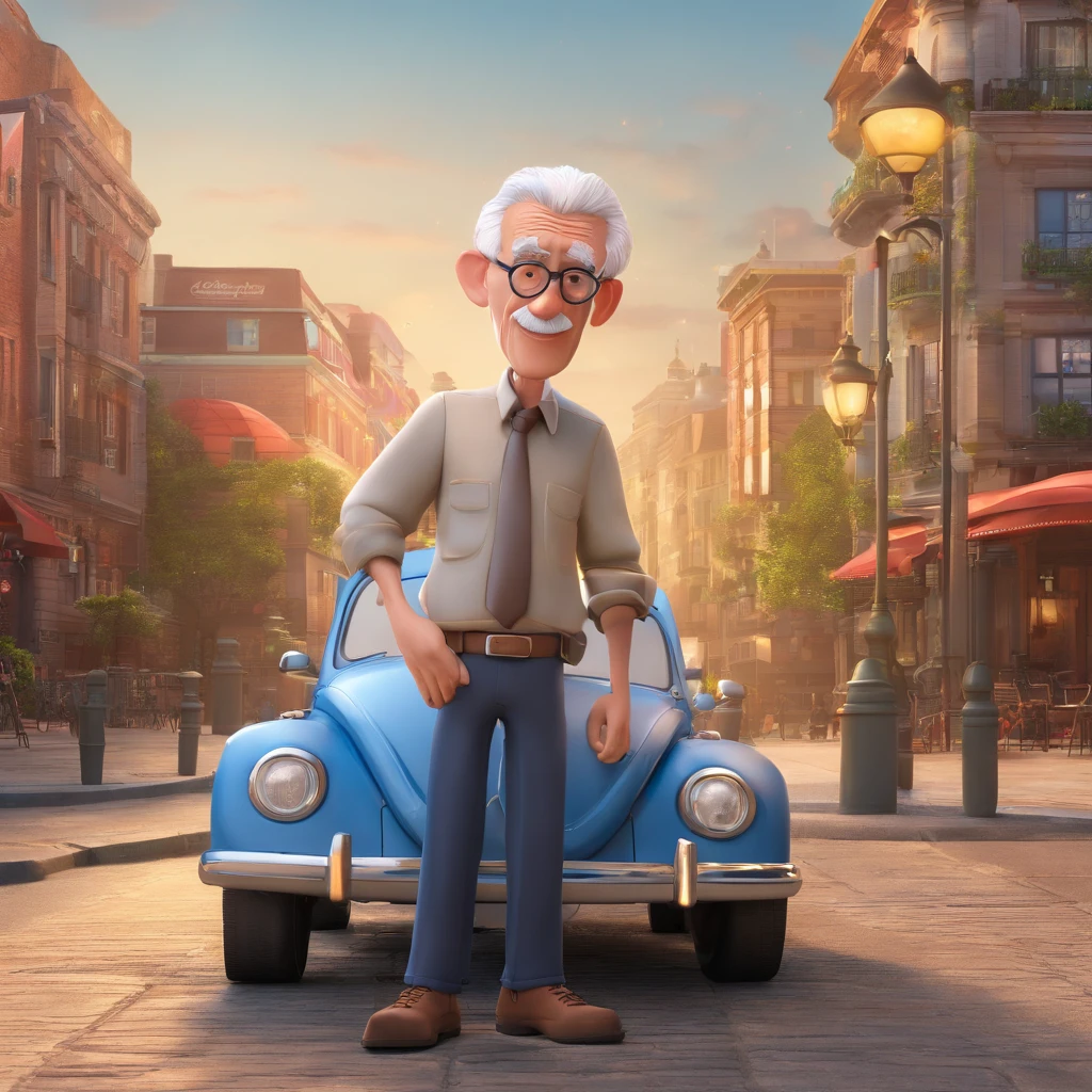 Generate a Disney Pixar style image of an elderly man, bald, square glasses, white beard, dressed in jeans and a rolling stones t-shirt next to a Volkswagen Beetle with the image of a city in the background