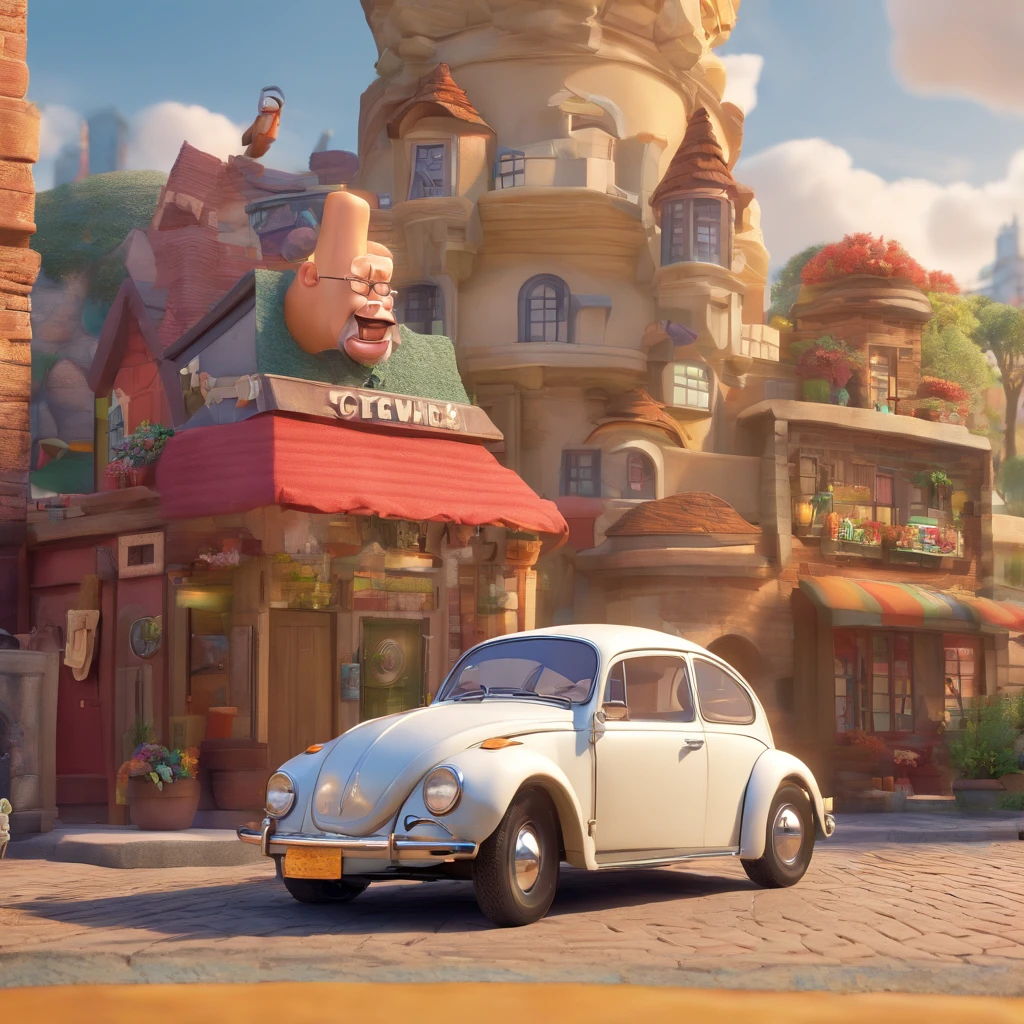 Generate a Disney Pixar style image of an elderly man, bald, square glasses, white beard, dressed in jeans and a rolling stones t-shirt next to a Volkswagen Beetle with the image of a city in the background