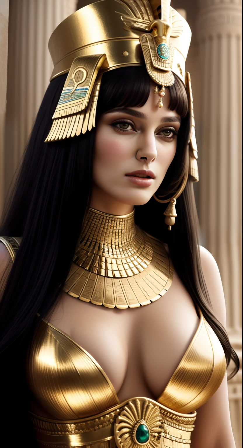 a woman with a black hair and gold jewelry on her head, egyptian art by Hedi Xandt, trending on Artstation, hurufiyya, egyptian makeup, egypt makeup, beautiful cleopatra, egyptian, egyptian princess, cleopatra portrait, cleopatra, wearing an egyptian crown, egyptian style, arab inspired, queen of snakes, wears a egyptian ankh necklace