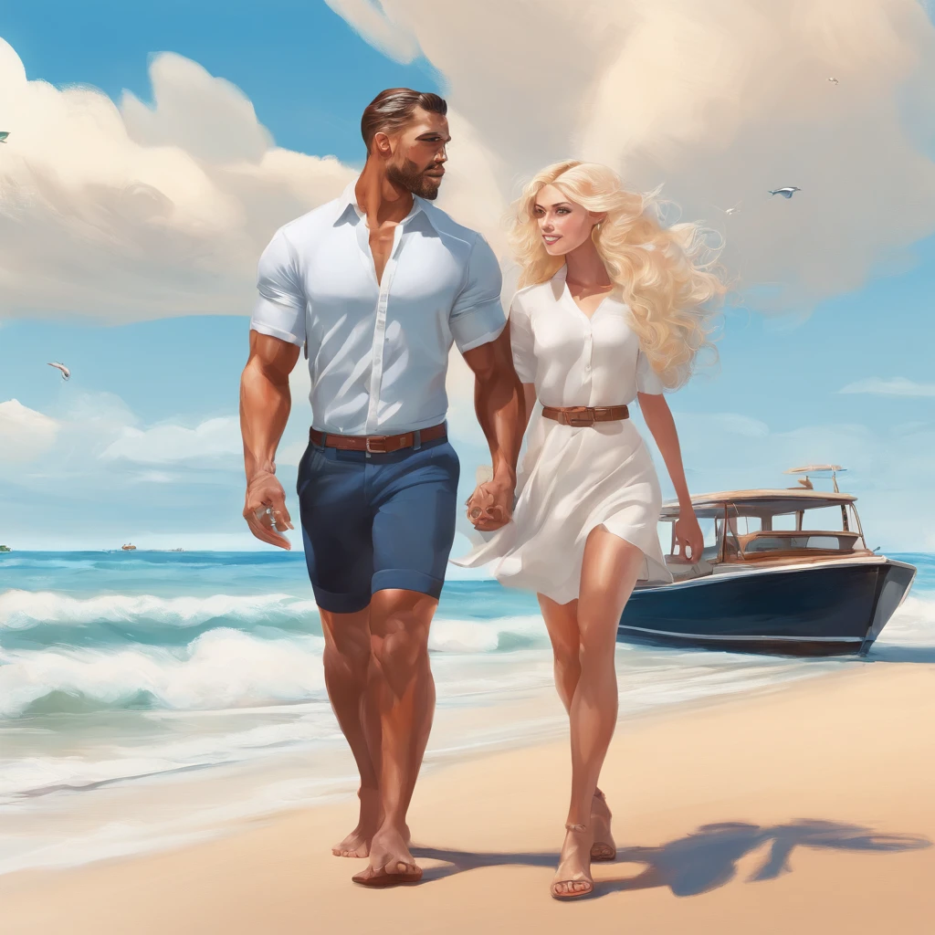 Mixed-race man and blonde woman on the back on a beach with blue sky and a big sea with boats in pixar drawing