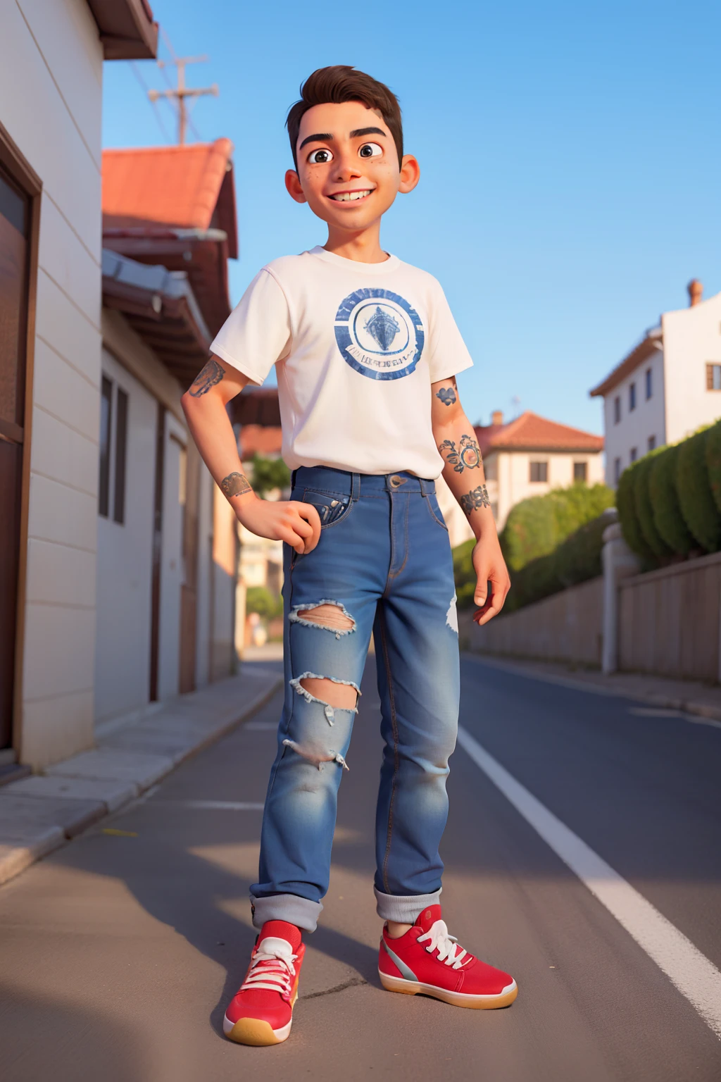 Bart Simpson em um estilo realista Na foto, 1 Bart Simpson, de 8 anos, is transformed into a human with an uncanny resemblance. He's got a skewer head, cabelo loiro dourado que fica alto, refletindo sua natureza travessa. Bart's eyes are a vibrant shade of blue, animado e cheio de energia. Sua pele tem uma tez clara, with a scattering of freckles across the cheeks and nose. Bart's smile is mischievous, apresentando um conjunto de dentes perfeitamente alinhados. He's lean, athletic build, Exuding an air of confidence and adventure. Bart is dressed in his signature outfit, consistindo de uma camiseta azul brilhante com um vermelho-laranja "B" estampado nele, emparelhado com shorts azuis que chegam logo acima de seus joelhos. Rounding out her look are a pair of worn-out ones, white sneakers. With his playful expression and witty demeanor, Bart embodies the essence of youthful exuberance and a constant thirst for fun and excitement in his human form.