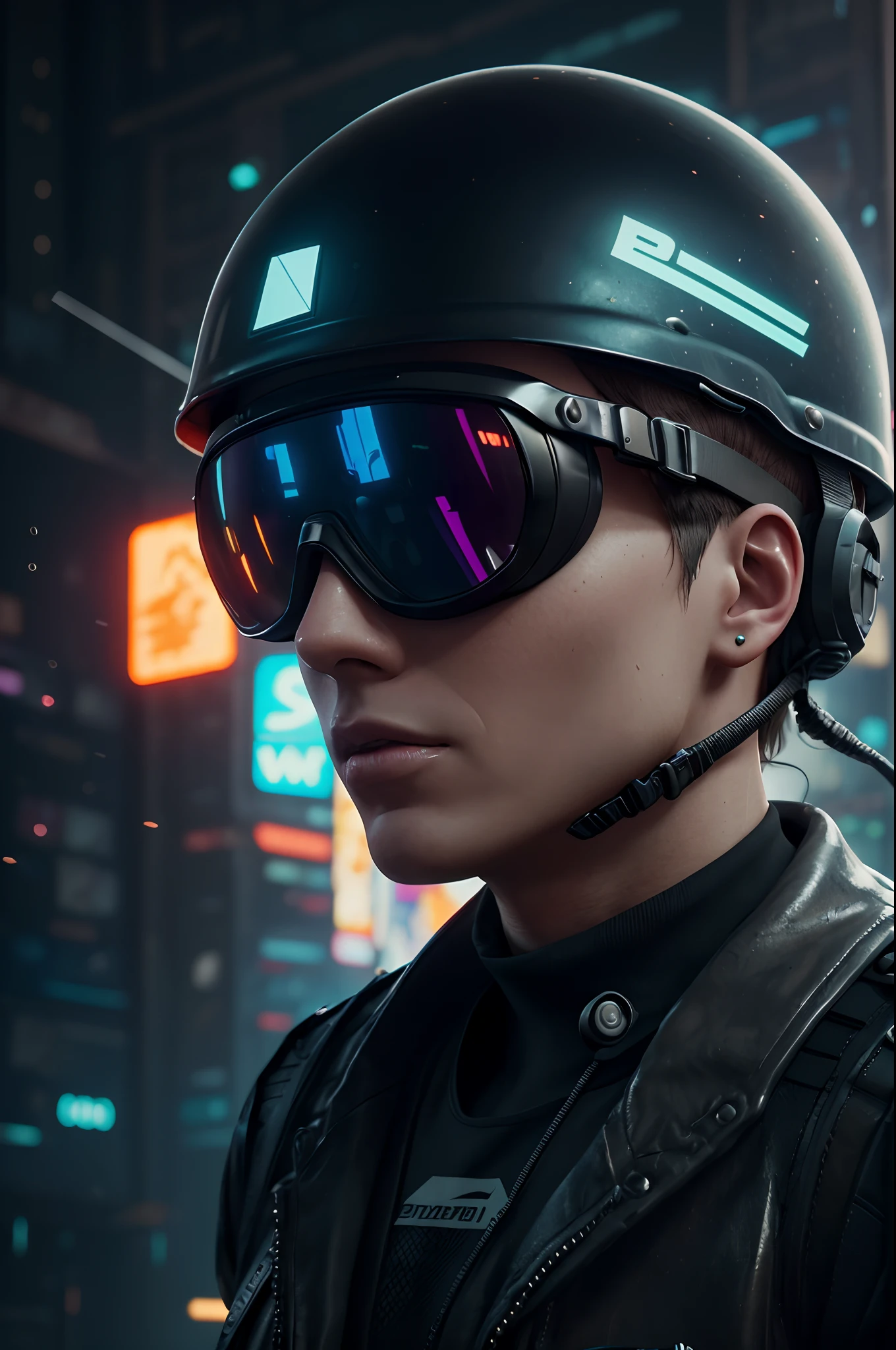 a close up of a person wearing a helmet and goggles, style hybrid mix of beeple, hyper-realistic cyberpunk style, beeple style, style of cyberpunk, with futuristic gear and helmet, 3 d render beeple, beeple. hyperrealism, cyberpunk soldier, beeple!!, futuristic soldier, wojtek fus