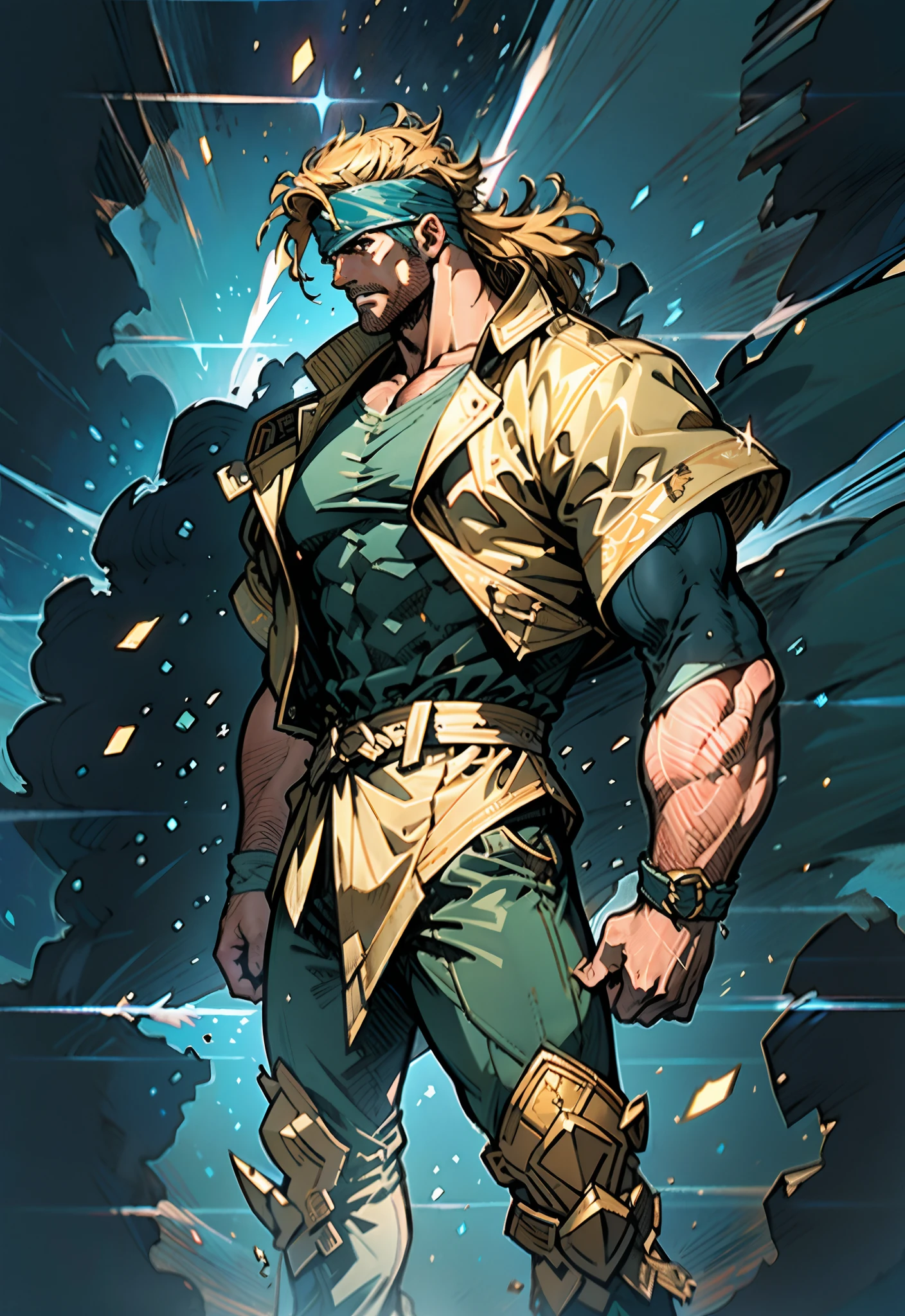 A middle-aged man, dark green long hair, wildly disheveled and exaggerated hairstyle, a headband, no eyebrows, a stern gaze, a well-defined facial structure, a tall and muscular physique, a fantasy-realistic style outfit, only a half-length windbreaker coat, sleeveless, revealing sturdy abdominal muscles, wearing wrist guards adorned with sharp teeth, matching trousers with the outfit, standing like a deity, dark clouds gathering in the sky, flashes of lightning and thunder, wild winds swirling around, this character embodies a finely crafted fantasy-style wild overlord in anime style, characterized by an exquisite and mature manga illustration art style, high definition, best quality, highres, ultra-detailed, ultra-fine painting, extremely delicate, professional, anatomically correct, symmetrical face, extremely detailed eyes and face, high quality eyes, creativity, RAW photo, UHD, 8k, Natural light, cinematic lighting, masterpiece-anatomy-perfect, masterpiece:1.5