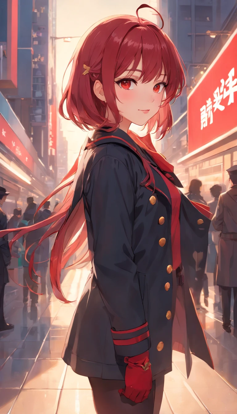 {solo person},A beautyful girl,Shoulder-length red hair,maidennurse,mature,Tall,Breast purification,A4 waist,Cocked buttocks,Long legs,Ann-chan type,Soft on the outside and the inside,gentleness,Quiet,{{Cyanosis wave head},{There are black devil horns on the head},Golden eyes,{slanted bangs},{Wear a star hair card},{ssmile},Boo gesture,Put your hand to your mouth,extremely delicately detailed,Fine finger detailing,red sailor suit,a black trench coat,Dark red one-leg pants,Single leg leg ring,black glove,Black leather gloves,Fingerless gloves,Pisif,Delicate and detailed facial features,{Delicate hair portrayal},Gorgeous light and shadows,The ultimate HD face depiction,4k画质,A masterpiece,Delicate hand description,Clear five fingers,Color,{coloured with lots of colour},Detailed picture,Delicate portrayal of facial features,Delicate hair portrayal,{Delicate eye portrayal}, Detailed eyes and face,Delicate hand portrayal,{Gorgeous light and shadows},Sideslit,Stand on the runway,Stadium Background