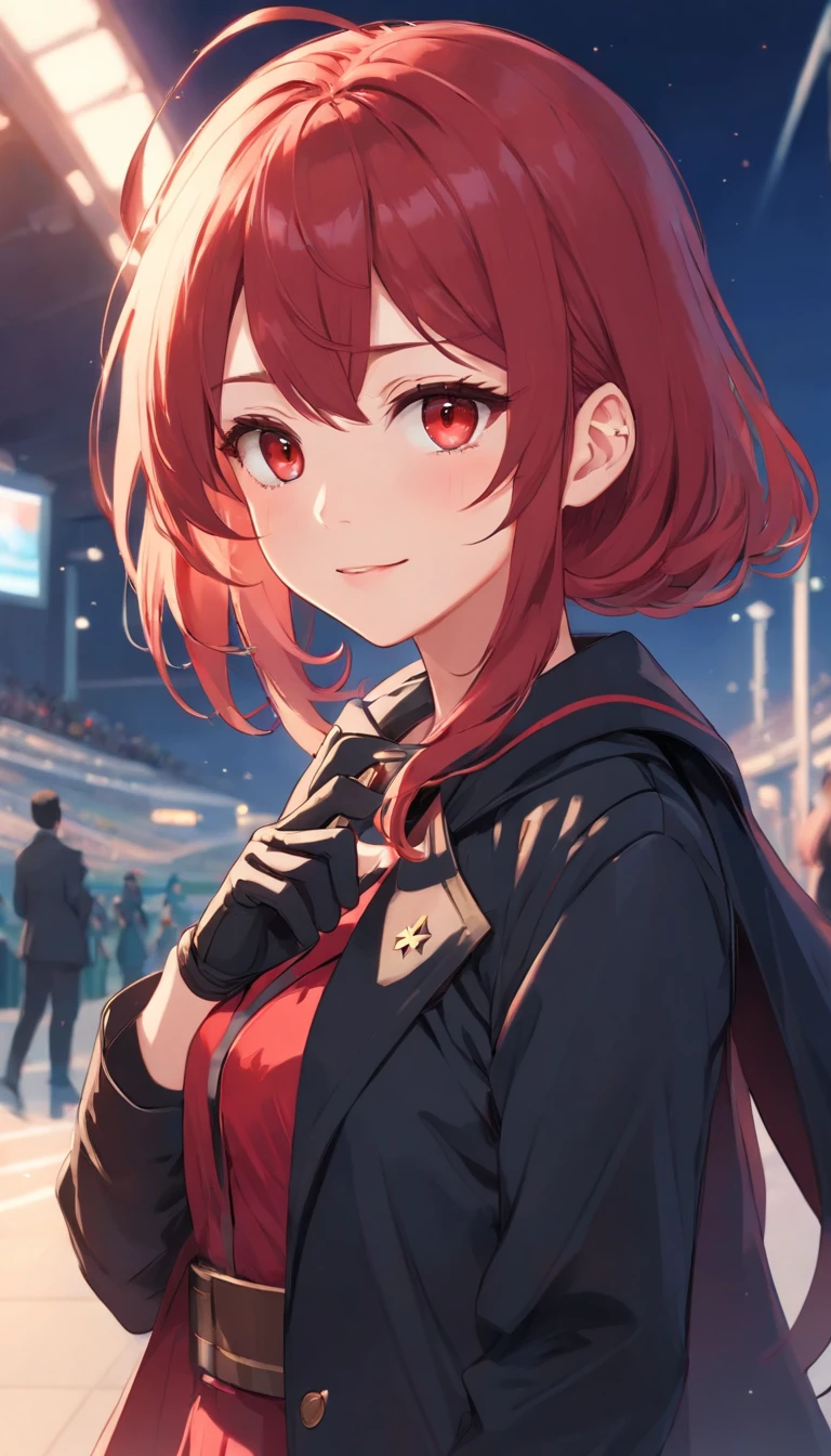 {solo person},A beautyful girl,Shoulder-length red hair,maidennurse,mature,Tall,Breast purification,A4 waist,Cocked buttocks,Long legs,Ann-chan type,Soft on the outside and the inside,gentleness,Quiet,{{Cyanosis wave head},{There are black devil horns on the head},Golden eyes,{slanted bangs},{Wear a star hair card},{ssmile},Boo gesture,Put your hand to your mouth,extremely delicately detailed,Fine finger detailing,red sailor suit,a black trench coat,Dark red one-leg pants,Single leg leg ring,black glove,Black leather gloves,Fingerless gloves,Pisif,Delicate and detailed facial features,{Delicate hair portrayal},Gorgeous light and shadows,The ultimate HD face depiction,4k画质,A masterpiece,Delicate hand description,Clear five fingers,Color,{coloured with lots of colour},Detailed picture,Delicate portrayal of facial features,Delicate hair portrayal,{Delicate eye portrayal}, Detailed eyes and face,Delicate hand portrayal,{Gorgeous light and shadows},Sideslit,Stand on the runway,Stadium Background