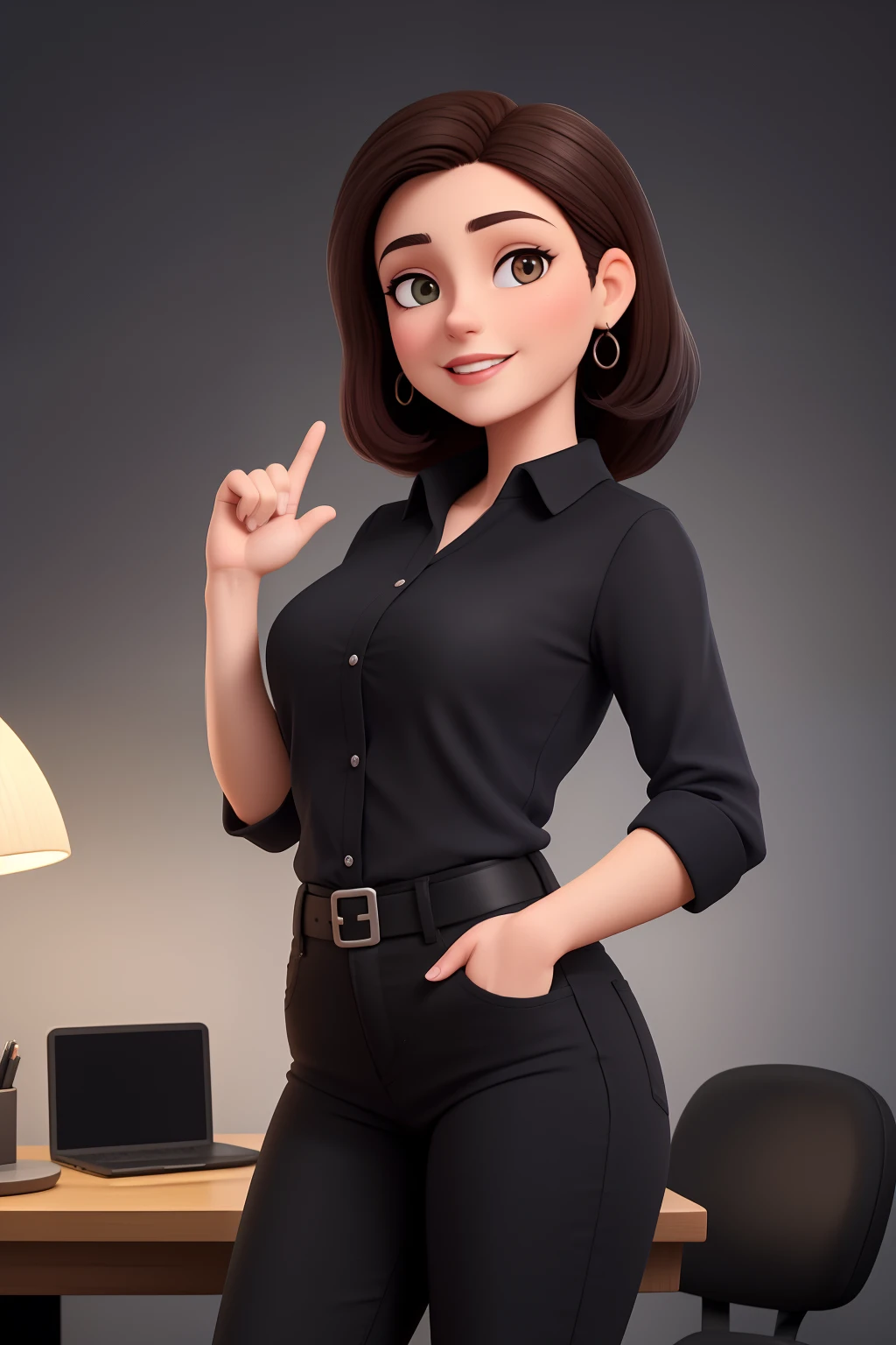 A woman in a black shirt and black pants posing for a picture - SeaArt AI