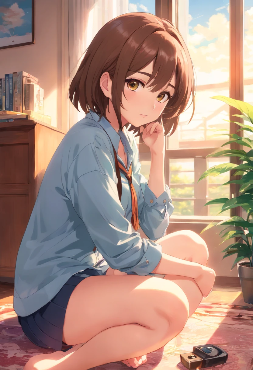 ((masterpiece)), ((best quality)), ((HD)), ((beautiful render art)), ((hentai art)), ((solo portrait)), ((full body)), ((feet visible)), ((cute anime girl)), ((detailed soft shading)), ((soft color palette)), ((intricate details)), {(cute), (short brown hair), (cute brown eyes), (short eyelashes), (beautiful legs), (beautiful feet), (blushing), (expressionless)}, {short green button-up shirt), (pantless)}, {(squatting), (head resting on hand), (looking at viewer)}, [background: (living room), (rug), (window), (blue sky), (sun rays)]