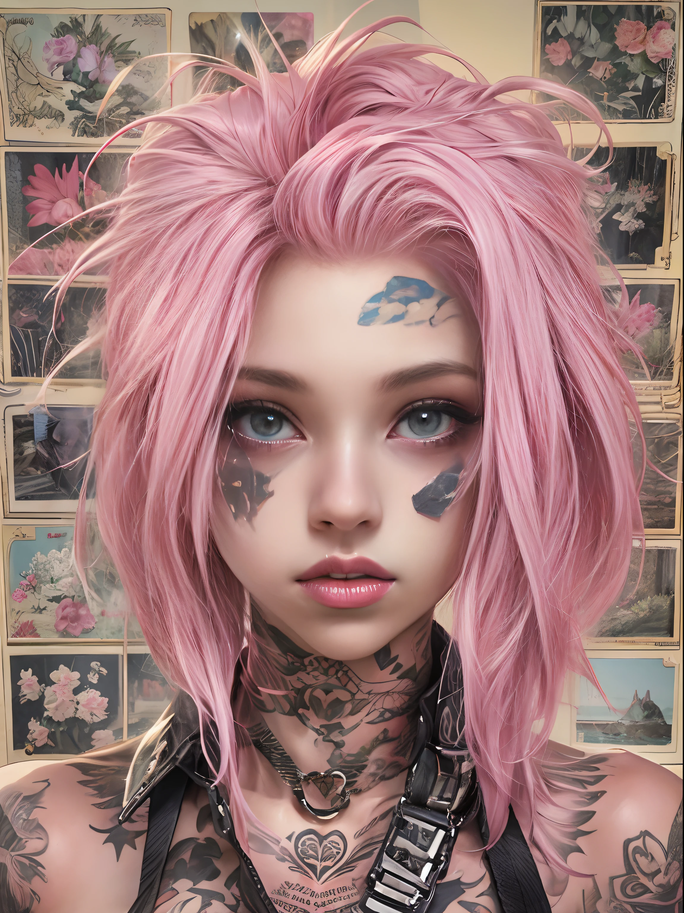 punk bonita de 18 anos,、(qualidade superior、em 8K、32k、obra prima、((NSFW)))、(Fotorrealista:1.4),Maquiagem Extravagante, cabelo punk disforme,moda punk、Um cabelo rosa,、tatuagens no corpo,、Fundo do Distrito do Centro、Efeito de luz de fundo、profundidade de campos,Backround desfocado,