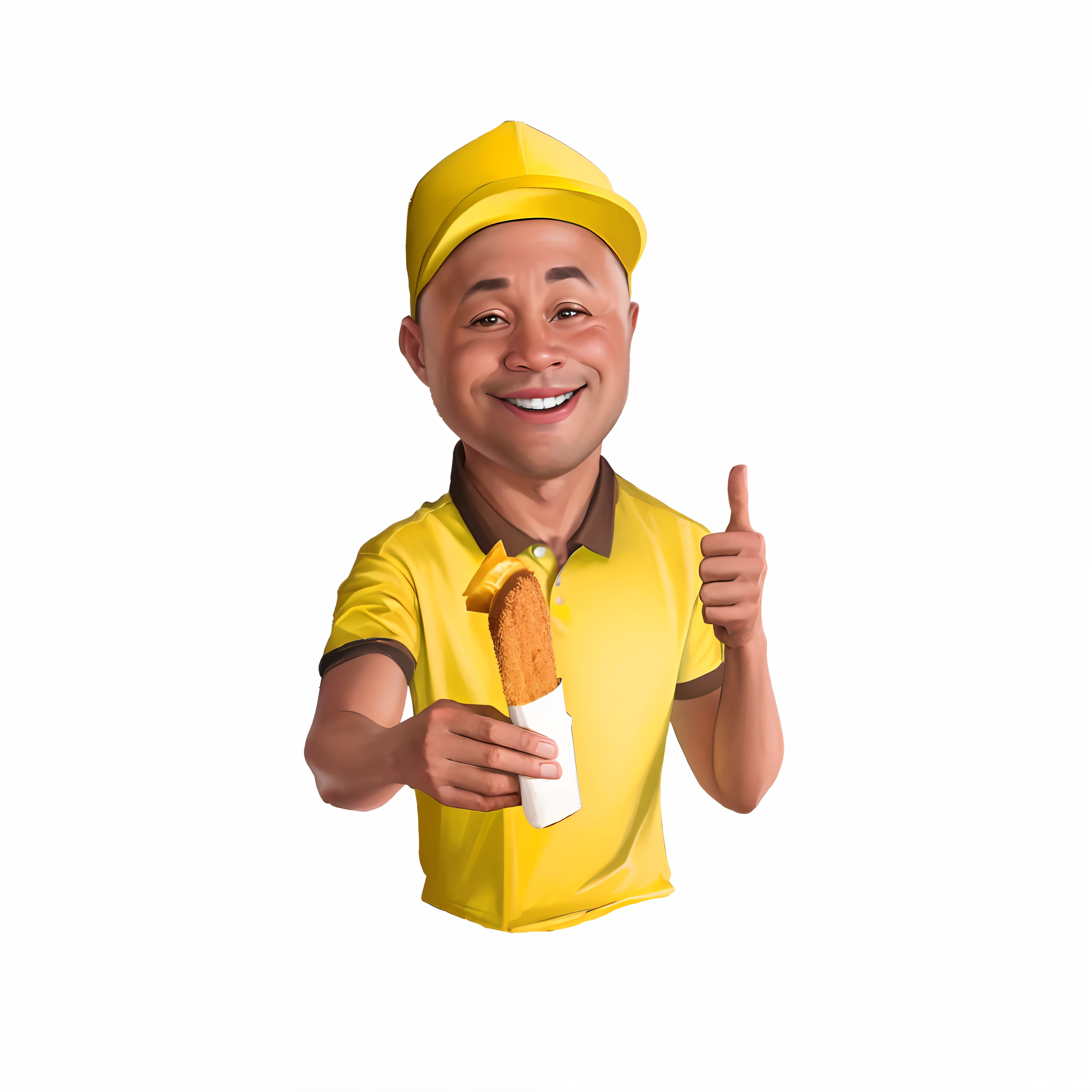 rapaz dos desenhos animados na camisa amarela segurando um churros dando polegares para cima, commercial illustration, professional illustration, professional illustration, caricature illustration, servir batatas fritas, High quality illustration, promotional render, Cartoon style illustration, delicioso, official illustration, homem moreno, art render, funny illustration, sharp render, retrato de alta qualidade, photo rendering, Lowres