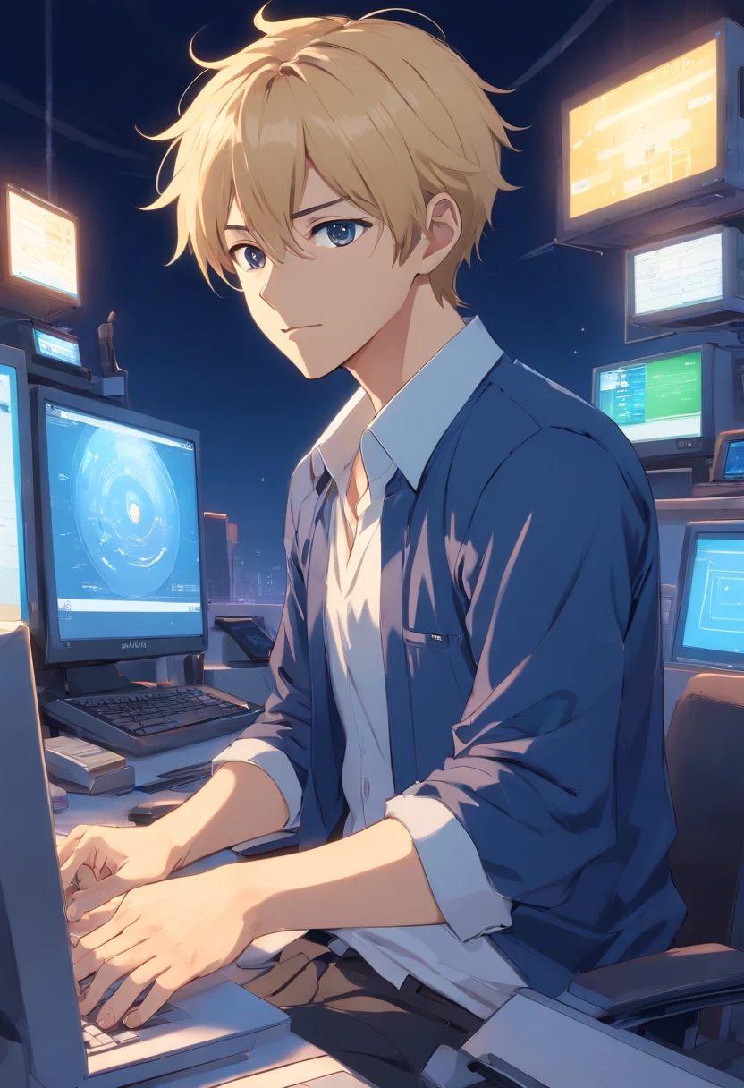 Japanese anime male with short blonde hair, beard, 40 years old, full body, wearing dark blue set-up, white shirt, holding computer, fantasy