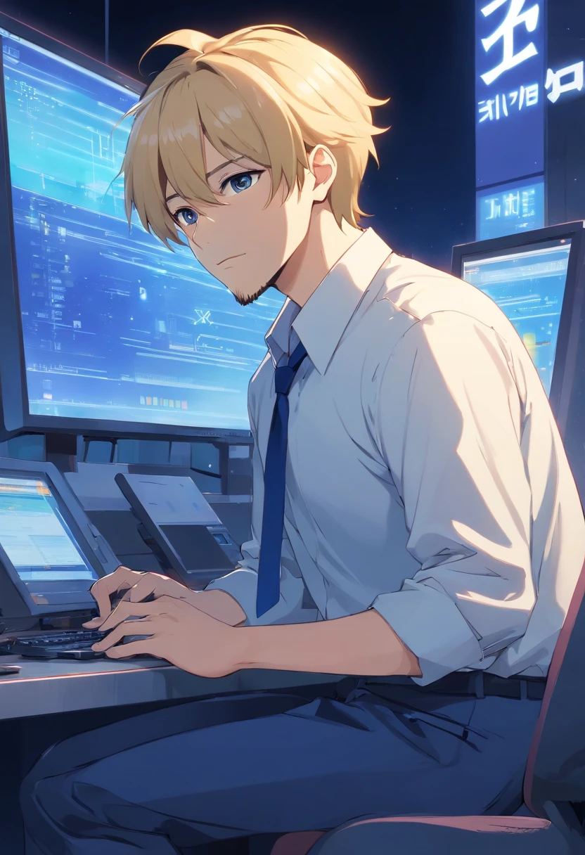 Japanese anime male with short blonde hair, beard, 40 years old, full body, wearing dark blue set-up, white shirt, holding computer, fantasy