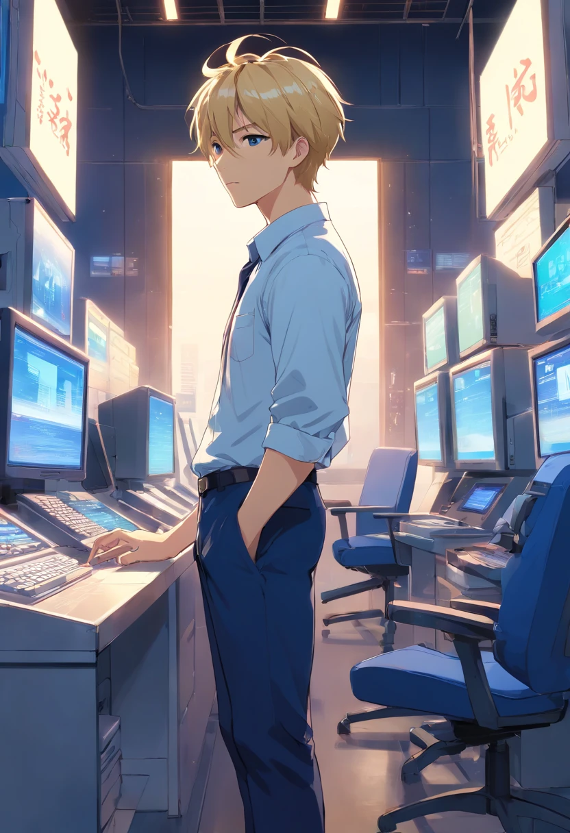 Japanese anime male with short blonde hair, beard, 40 years old, full body, wearing dark blue set-up, white shirt, holding computer, fantasy