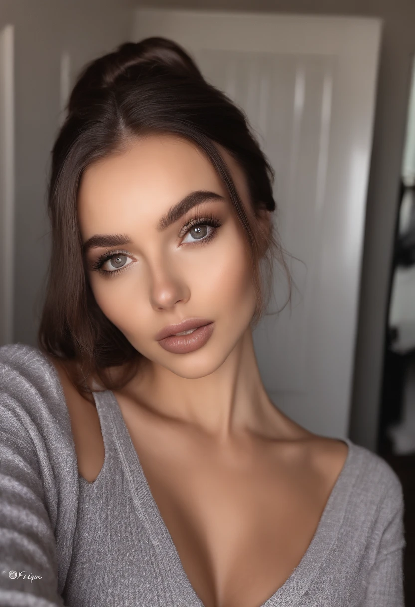 arafed woman with black clothes, sexy girl with brown eyes, portrait sophie mudd, brown hair and large eyes, selfie of a young woman, bedroom eyes, violet myers, without makeup, natural makeup, looking directly at the camera, face with artgram, subtle makeup, stunning full body shot, in bedroom, cleavage