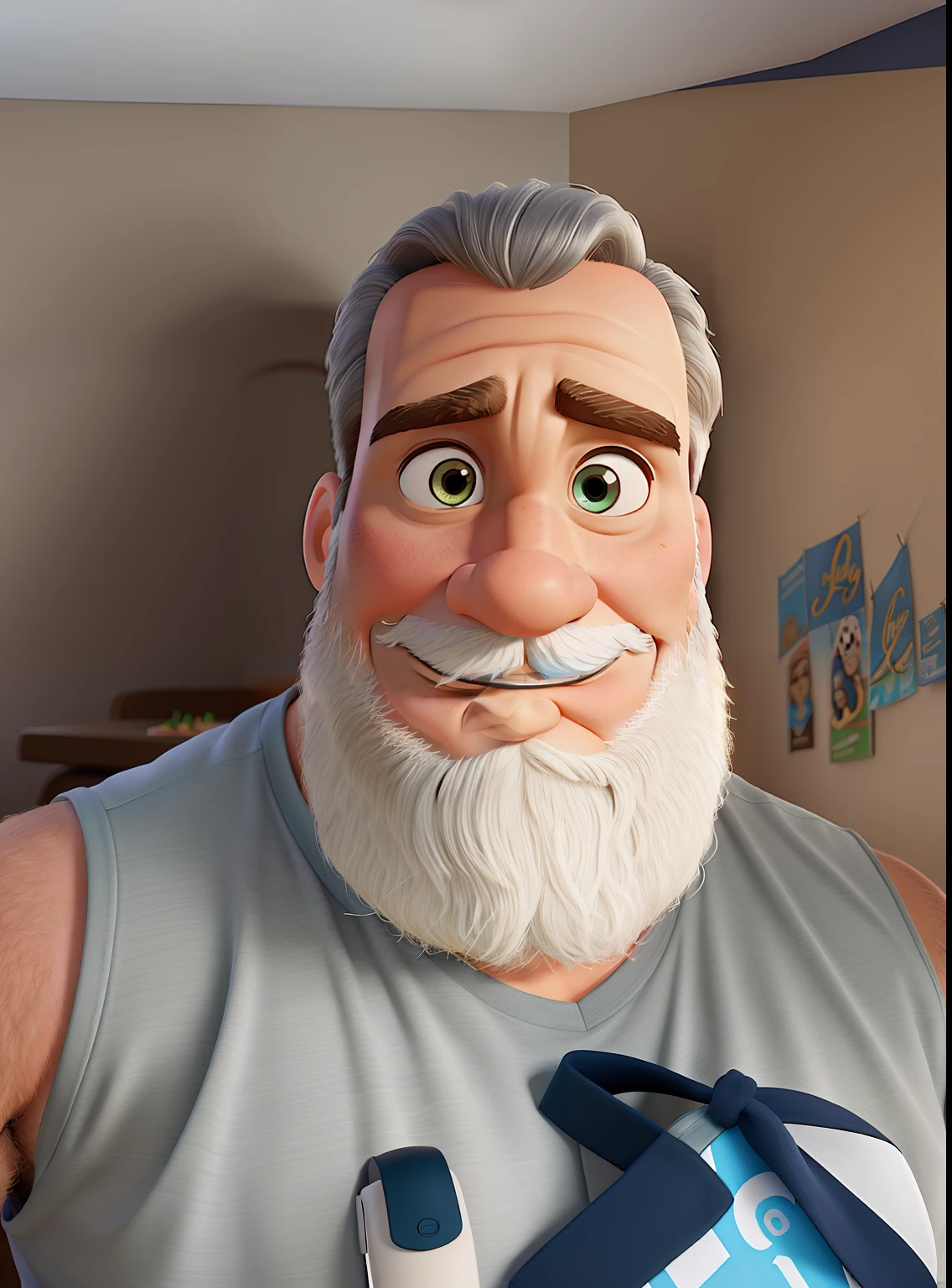 Poster no estilo Disney pixar, alta qualidade, melhor qualidade, homem sexy branco, 30 anos cabelo grisalho barba preta, musculoso, com fundo em um restaurante a luz de velas