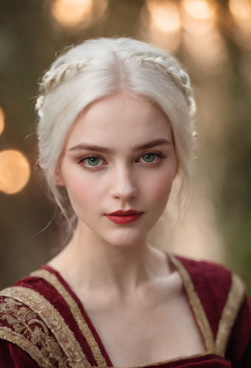 (((a deep reddish wound crosses her left cheek))) fair complexion, woman around 19 years old, natural white hair, distinctive green eyes, wearing kohl, slender and graceful, beautiful, candlelight in a medieval setting, ultra sharp focus, realistic shot, medieval female clothes, tetradic colors (scar:1.4)