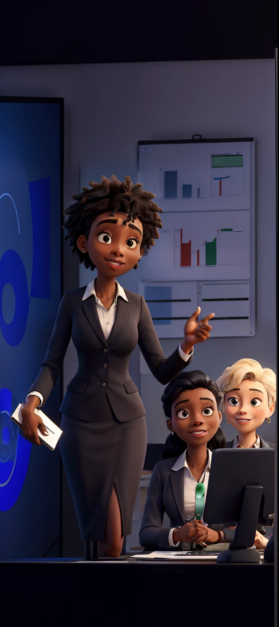masterpiece, best quality ,Diverse Office Conference Room Meeting: Successful Black Female Executive Director Presents e-Commerce Fintech Growth Statistics to a Group of Investors. Whiteboard with Big Data Analysis