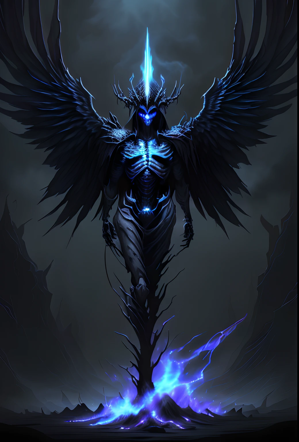 ((best quality)), ((masterpiece)), ((inked)), majestic soft oil painting by jim lee, night time, ((skeletal)), emaciated, dark twisted haunted corrupted woods, a horrid spectral male lich, (( body portrait)), evil detailed face, lich king, intricately detailed tattered robes of office, (black feathered wings:1.2), tombstones littered amongst the gnarled leafless trees, jet black bastard sword wreathed in blue spectral flame, burning halo, dark swirling smoke like malevolent energies, ((low hanging volumetric mist)), dynamic angel, black blue purple color palette,