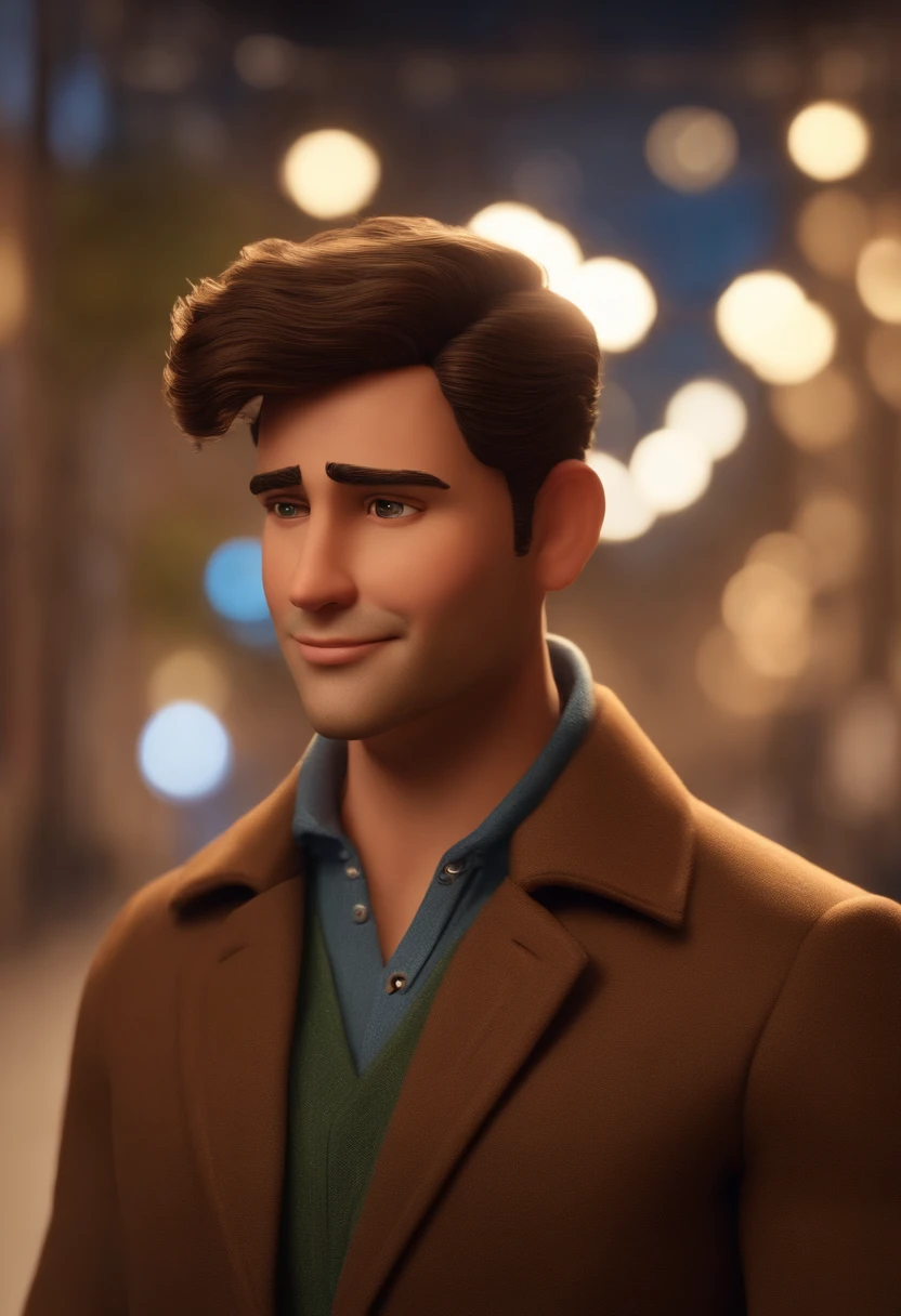 a happy cute, homem de 28 anos cabelo curto vestindo um terno social, , fundo branco, barnet, Tom, Estilo Pixar, ....3d, desenhos animados, rosto detalhado (baseado na imagem) asymmetrical 16k homem de 28 anos, cabelo escuro, olhos castanhos claros, em uma avenida movimentada, com roupas sociais, terno, estilo pixar, realista