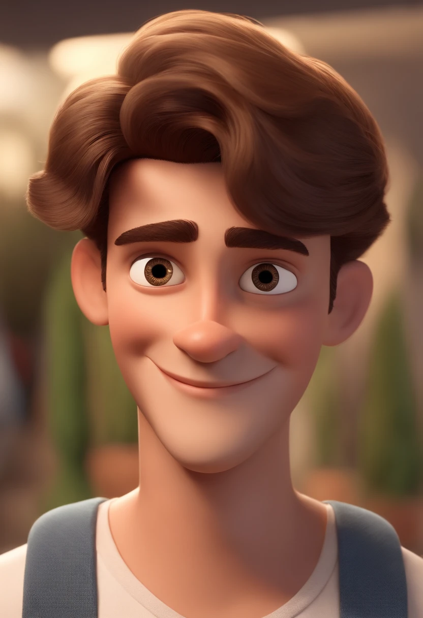 a happy cute, homem de 28 anos cabelo curto vestindo um terno social, , fundo branco, barnet, Tom, Estilo Pixar, ....3d, desenhos animados, rosto detalhado (baseado na  imagem) asymmetrical 16k homem de 28 anos, cabelo escuro, olhos castanhos claros, em uma avenida movimentada, com roupas sociais, terno, estilo pixar, realista