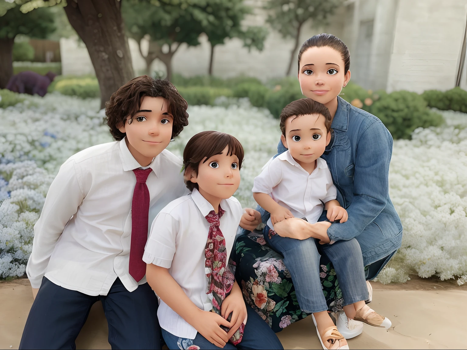 Photo of a family sitting in front of a garden