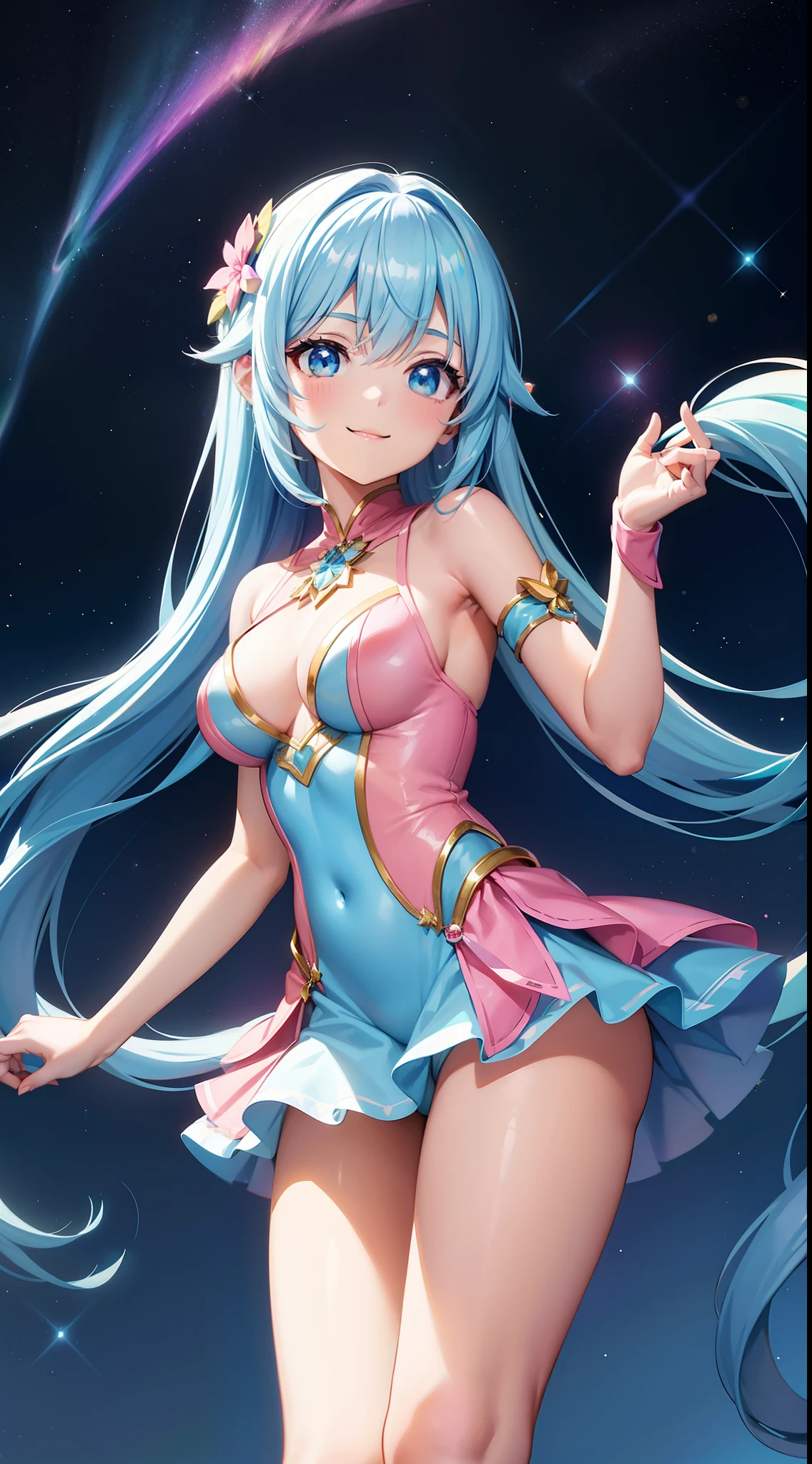 Super Idol　a beauty girl　Outstanding smile　sky blue hair　length hair　Facing straight ahead　Looking at the camera　Twin-tailed　Glittering pink and white、Blue and yellow leotard costume　Mystical　Fantasia　constellation　a moon　Crystal Brilliance　Aurora Borealis in the Night Sky