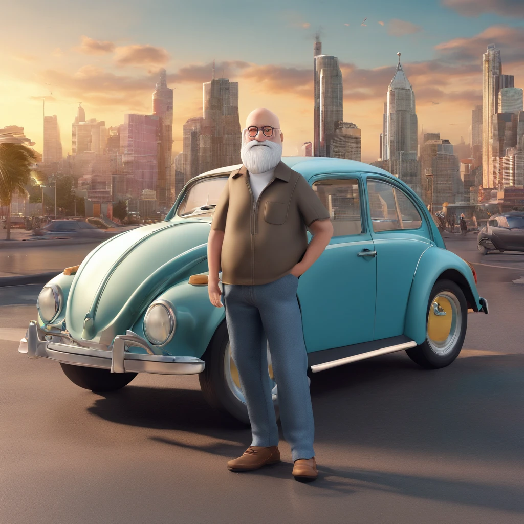 Generate image of a 60-year-old man, bald, square glasses, white beard with a little mustache, dressed in jeans and a t-shirt with Sonia I love you next to a Volkswagen Beetle with the image of a city in the background