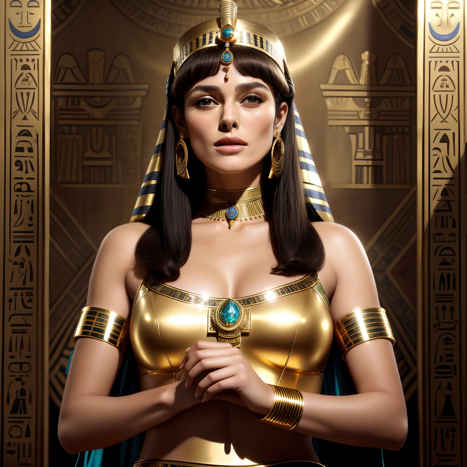 Cinematic portrait, professional cinematography, a close up of a woman in a gold outfit with an egyptian mask, beautiful cleopatra, insane details, egyptian princess, cinematic goddess close shot, cleopatra, extremely beautiful lady, cinematic goddess body shot, cleopatra portrait, goddess, stunning beauty, extremely high detail, egyptian, cleopatra in her palace, cinematic goddess shot, egyptian style, extremely detailed goddess shot, beautiful goddess, Keira Knightley as egyptian, Keira Knightley gorgeous and beautiful pharaoh, portrait of cleopatra, uhd, 8k, 32k, sharp, intricate, highly detailed, detailed Beauty,hdr, cinematic vision, flawless picture,
