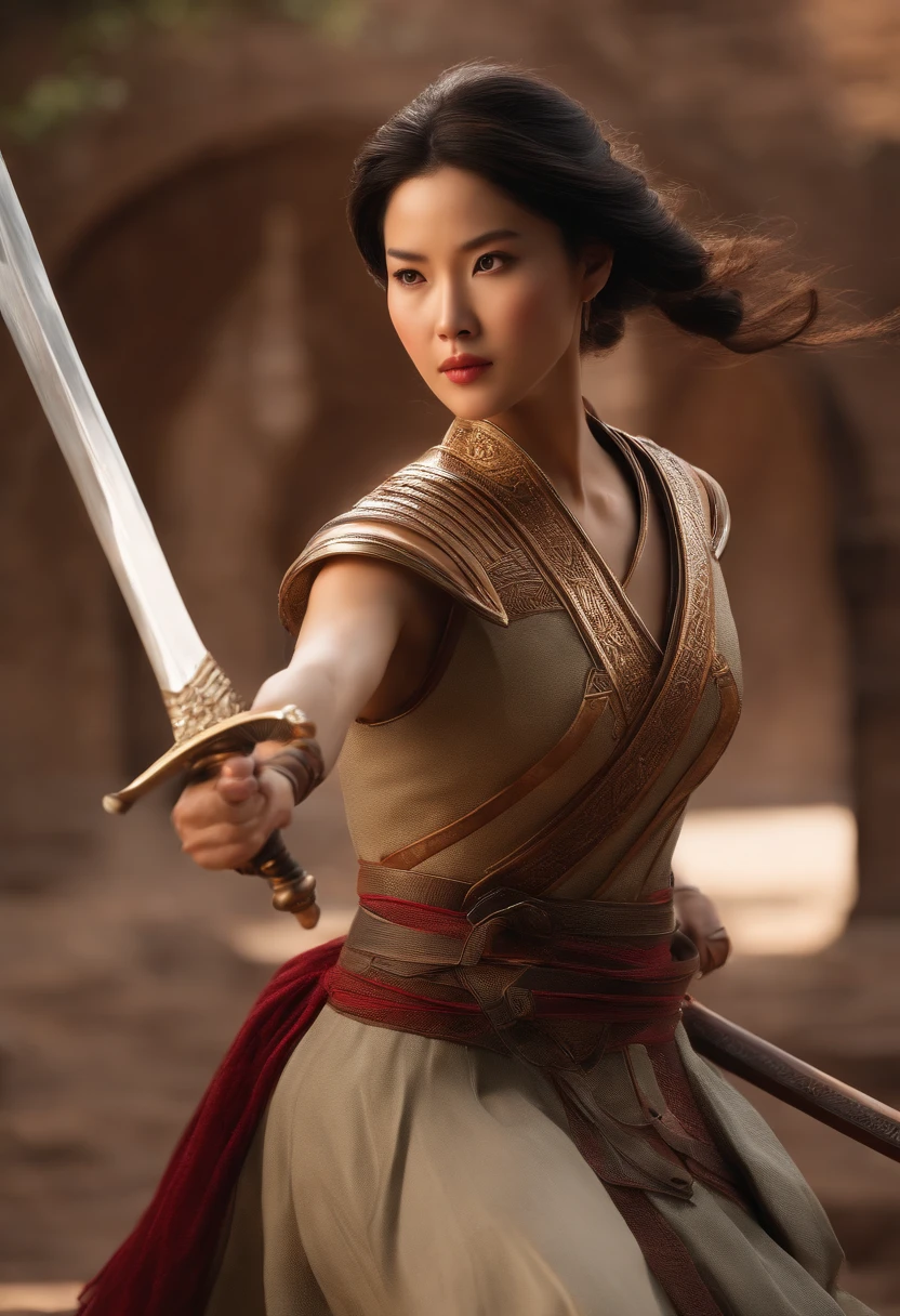 tmasterpiece，High-definition CG diagram，Antiga guerreira chinesa Mulan，One hand holds a sword，Helmet in one hand，Modelos superdimensionados，olhos e rosto detalhados，figura alta，brunette girl，Roupas de armadura total，Botas Over-the-Knee，Cores de armadura brilhantes，exquisite decoration，temperamento encantador，figura alta，Long buttock，coxas grossas，A majestic sight，Cenas de guerra。