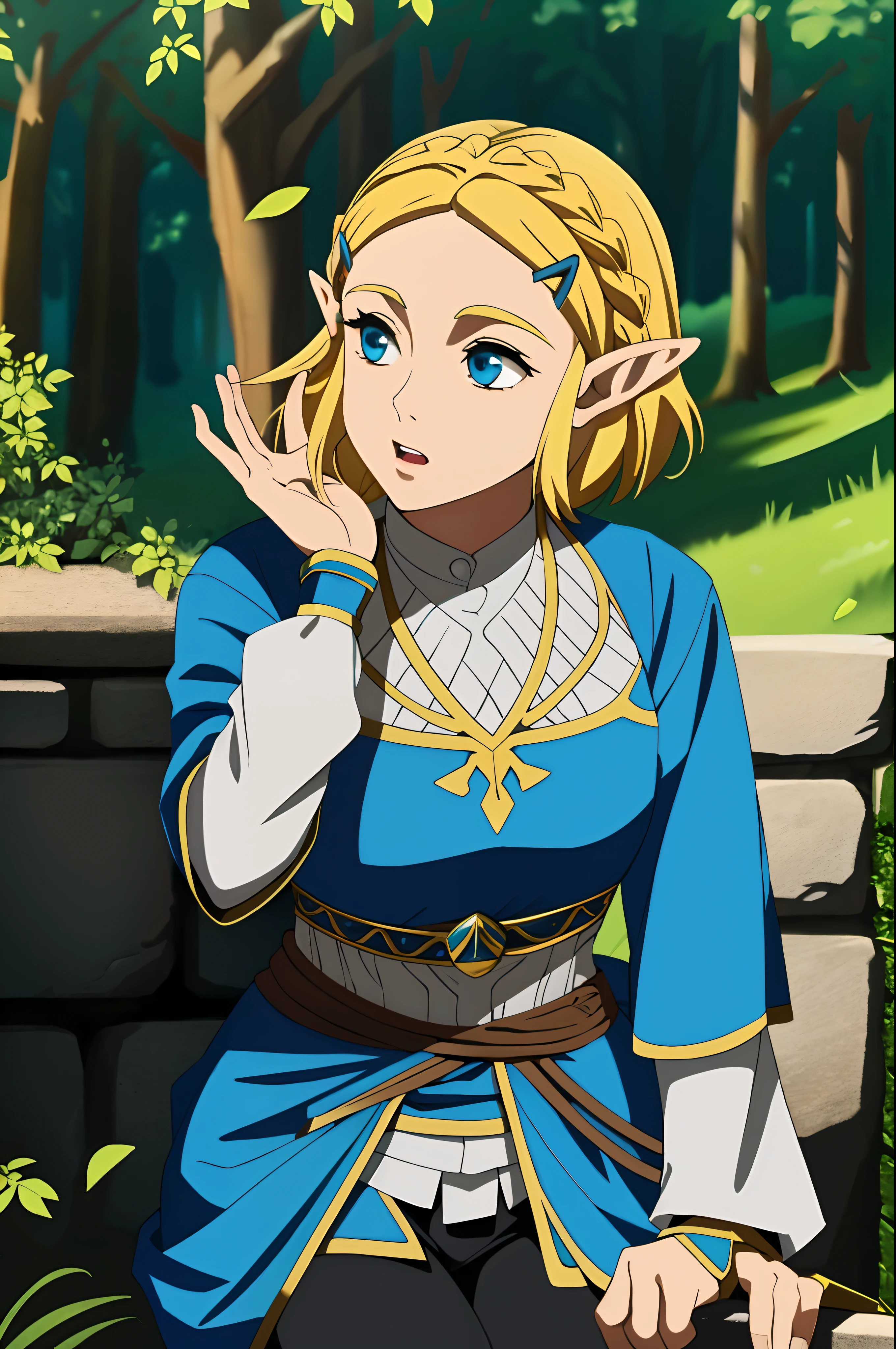 best quality, expressive eyes, perfect face, short hair, blonde girl, elf, zelda princess, princess zelda clothes, the legend of zelda, totk, black pants,