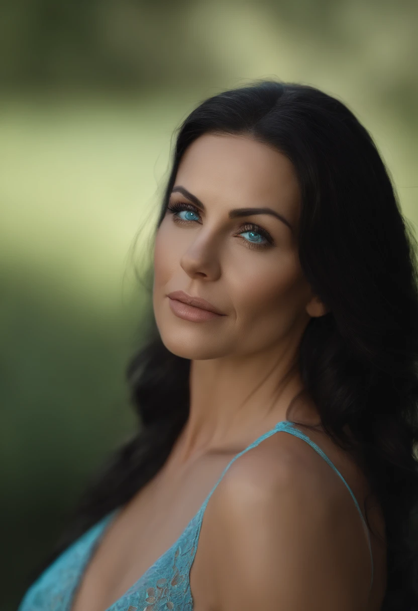 a realistic portait for bautifull 40 years old woman ,black hair, aqua eyes, Realism, cinematic lighting, 16k, anatomically correct, high details