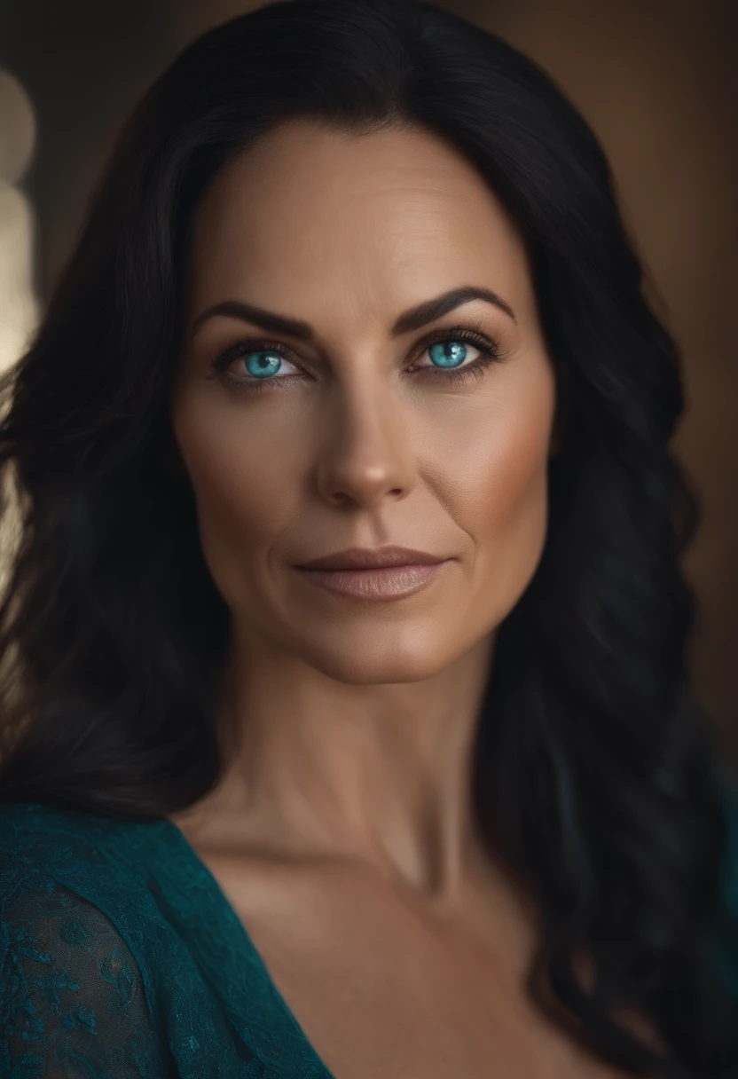 a realistic portait for bautifull 40 years old woman ,black hair, aqua eyes, Realism, cinematic lighting, 16k, anatomically correct, high details