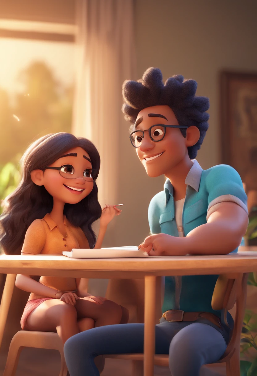 An illustration of an adorable couple, Spotlight on a man with indigenous characteristics, rechonchudo, With eye Glasses, Smiling and a blonde woman with beautiful expressive eyes - the man's skin is brown and the man's hair is black and short, The woman's skin is white, and the woman's hair is straight and blond. They are a bright room, cada um com um sorriso no rosto, e compartilhar um momento especial caracterizado pelo amor, Insights. Illustrate this scene from a perspective where they are facing the camera, Smiling and Showing Your Connection. Desenvolva esta arte em Full HD, Focus on your cinematic touch, Estilo Disney Pixar Animations