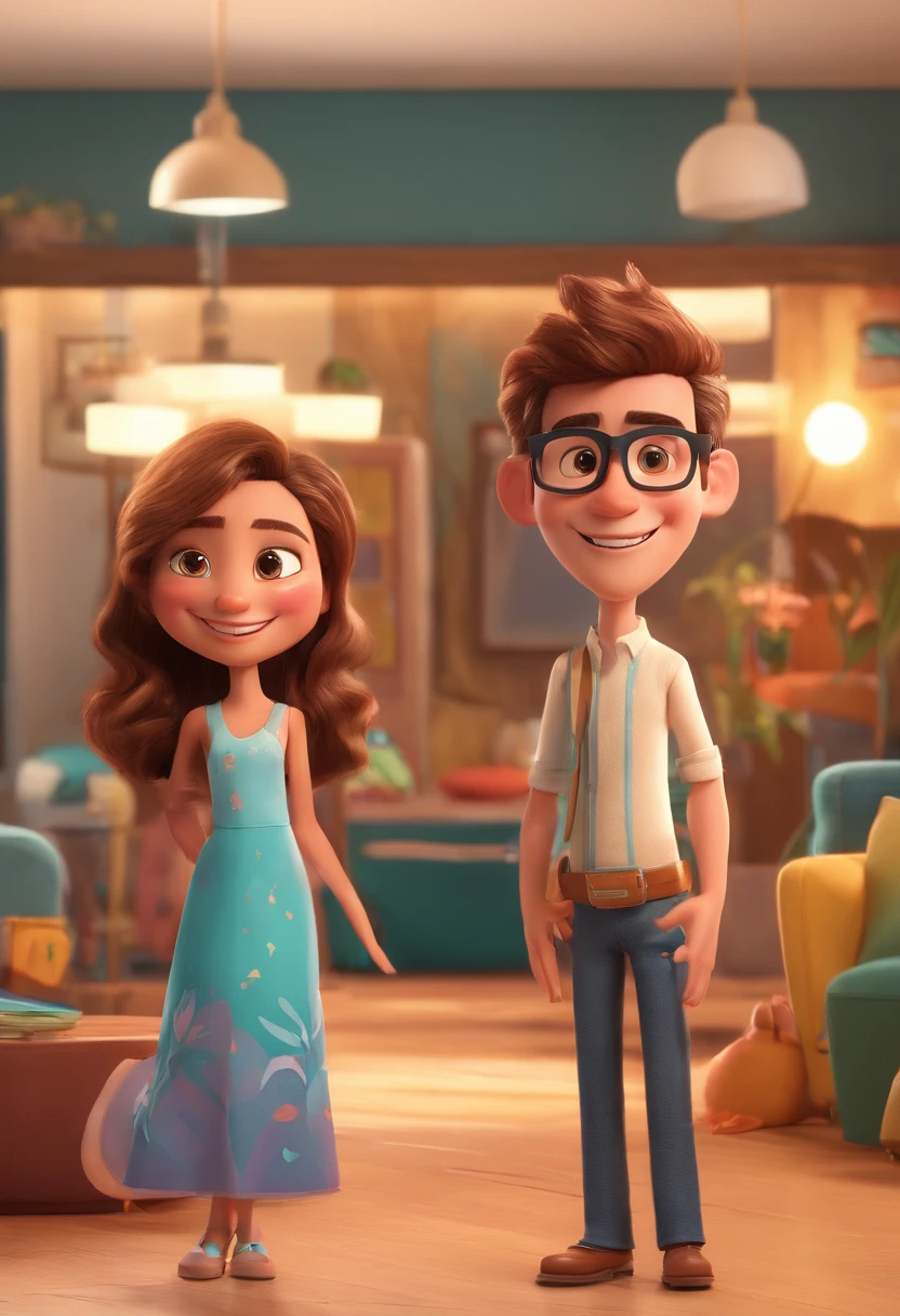 An illustration of an adorable couple, Destacando um homem e uma mulher com beleza, Expressive eyes – the man's hair is straight and brown and he has a mustache and goatee , While the woman's hair is tied in a bun and blonde. They are a bright space, Todos com um sorriso no rosto, e compartilhe um momento especial, That is marked by love, viagem, and pedagogical insights. Ilustre esta cena a partir de uma perspectiva, where they're facing away from the camera, Show Your Connection. Desenvolva esta arte em Full HD, Focus on your cinematic touch, Estilo Disney Pixar Animations