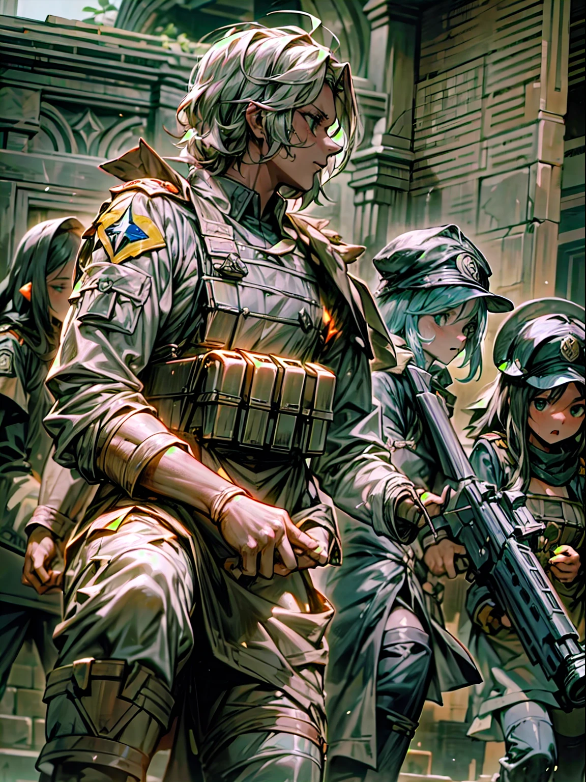 Ultimo bastion de defensa de la humanidad,Poderosa fortaleza,High-tech defense systems,fuerte, Muros resilientes,barrera impenetrable,Guardias vigilantes,Armamento avanzado,Elite Soldiers,On High Alert,Listo para luchar,Rostros ansiosos,Centro de comando,actividad bulliciosa,Alarmas de emergencia a todo volumen,Hombres y mujeres en uniforme,Dressed in tactical gear,Laser Cannons,Fusiles de alto poder,Spotlights scanning the horizon,futuristic tech,Arquitectura impresionante,Estructura monumental,Paredes imponentes,Steel & Concrete,Energy Shields,Campos de fuerza que protegen la entrada,Puntos de control de seguridad,humanos reunidos,Fighting a Common Enemy,determinado,Frente Unido,Determined Leaders,Strategic Planning,Contramedidas,Calculation of quotas,Derrotando a la oscuridad,sangre, sudar, and tears,Sacrifices made for the common good,Restos de batallas libradas,Damaged walls,Soldados heridos,Resilient spirit,Rayo de esperanza,Recite to Survive,estandarte ondeando en el viento,Celebraciones de la victoria,Cheers of triumph,Orgullo en la defensa de la humanidad,Ultimate symbol of strength and perseverance.