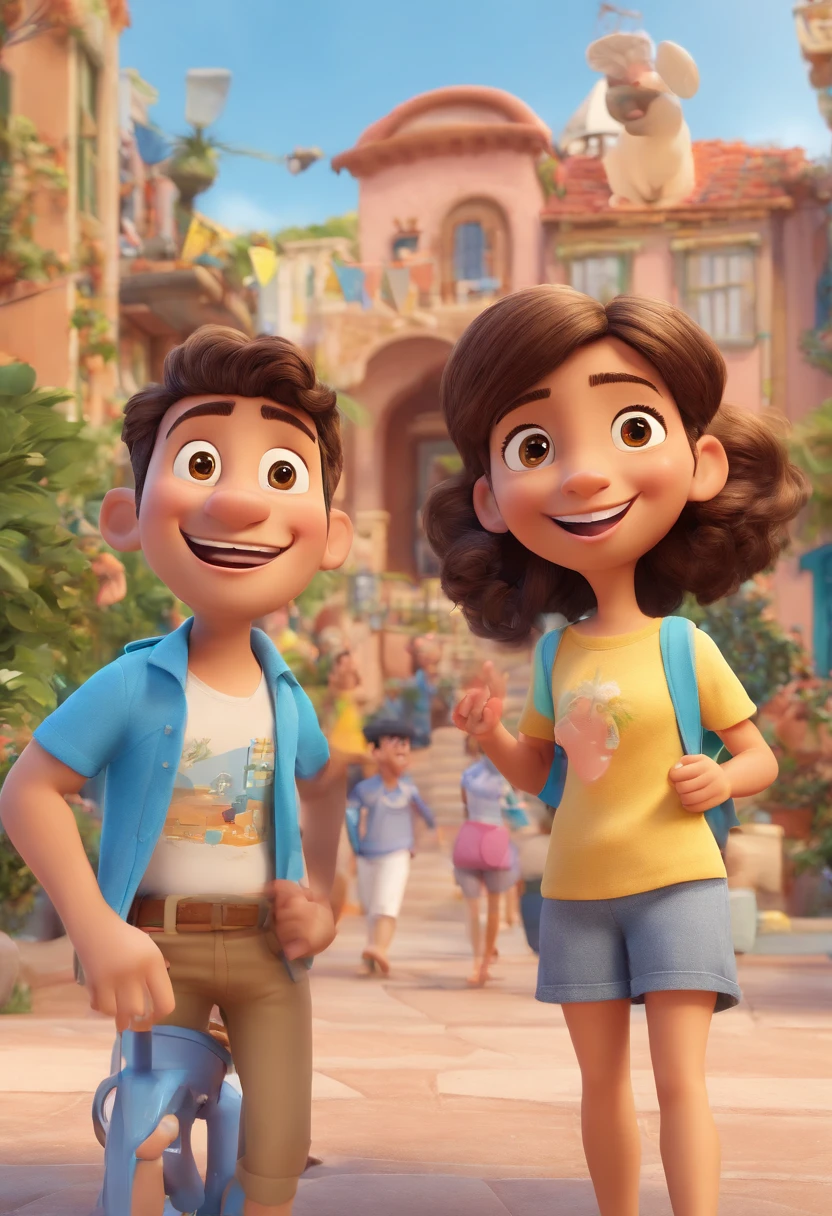 Cartoon of friends having fun on vacation together, 3D Animation Movie Poster, Poster de filme animado, pixar 3 d animation style, pixar renderman rendering, maia 8 mil, animated film, Disney Pixar Estilo 3D, amigos felizes saem juntos, all wearing light blue shirts and cream brown long pants, camisa azul clara, cream brown pants, ao ar livre, vacation, Disney Pixar Animation Poster