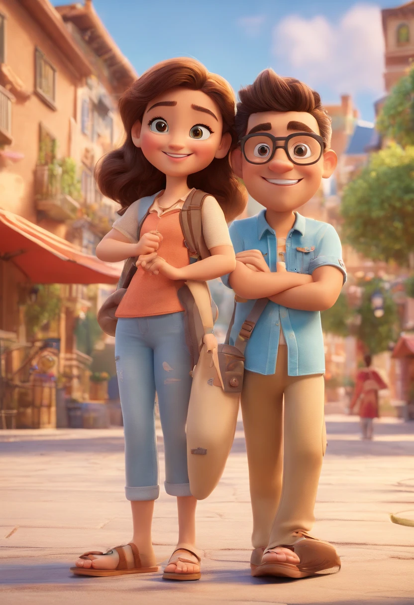 Cartoon of friends having fun on vacation together,  3D Animation Movie Poster, Poster de filme animado, pixar 3 d animation style, pixar renderman rendering, maia 8 mil, animated film, Disney Pixar Estilo 3D, amigos felizes saem juntos, all wearing light blue shirts and cream brown long pants, camisa azul clara, cream brown pants, ao ar livre, vacation, Disney Pixar Animation Poster