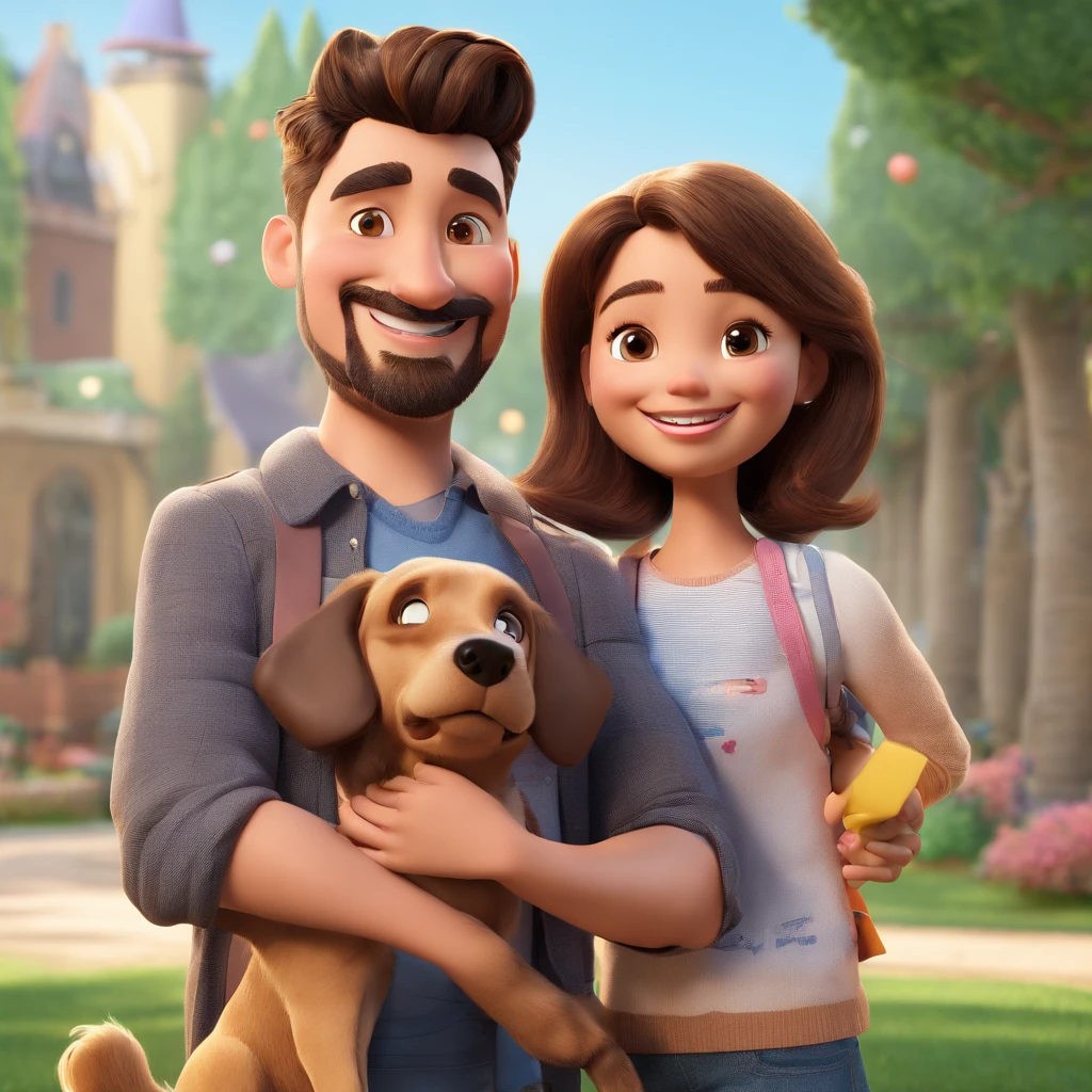Create a Pixar film cover, with a family of 4 and a dog taking a selfie. Man is 41 years old with short hair and a long goatee, both slightly gray, thin, wearing black clothes. The woman has long straight black hair, 42 years old, round face. A firstborn daughter, 22 years old, wavy brown hair. The youngest daughter is 8  old with straight brown hair. The dog is a light caramel colored labrador. all this in a happy family setting. No one wears glasses
