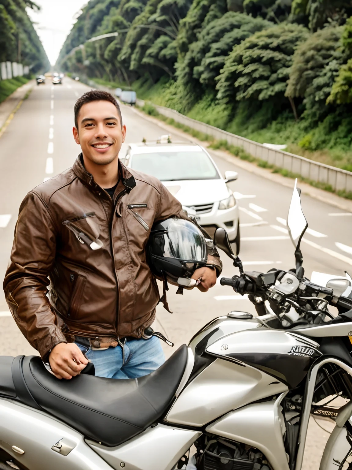 Homem sorridente na jaqueta preta ao lado da motocicleta na estrada, sem capacete