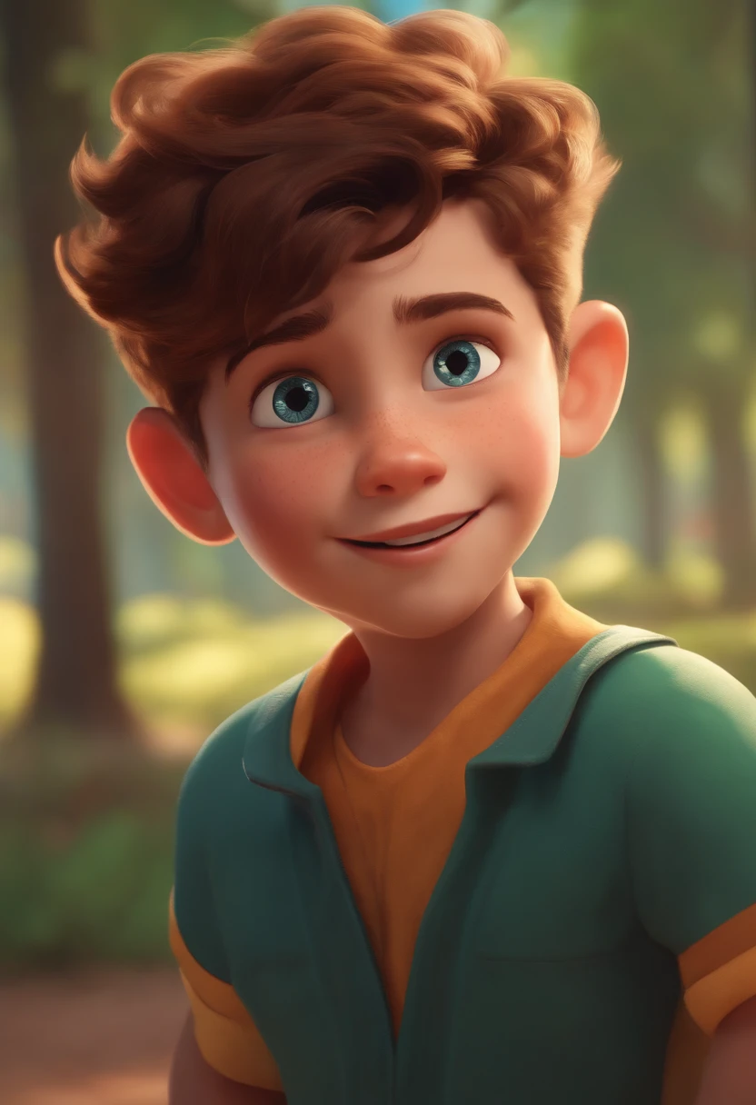 Image of a boy for a story in a YouTube video in Pixar format, He's the little allabester, He's the class leader, He's outgoing, Playful and gets up for a lot of things, cabelo curto