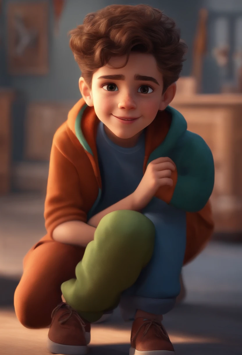 Image of a boy for a story in a YouTube video in Pixar format, He's the allabester, He's the class leader, He's outgoing, Playful and gets up for a lot of things, cabelo curto