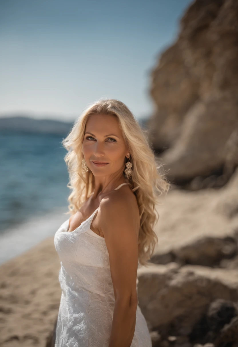 Portrait of a 60-year-old woman  blond woman with long hair and white bikini posing for a picture in greece on the beach, beautiful blonde woman, beautiful blonde girl, blonde woman, a gorgeous blonde, blonde and attractive features, photo of a beautiful woman, sexy girl with long blonde hair, blonde beautiful young woman, a girl with blonde hair young blonde woman, beautiful blonde hair