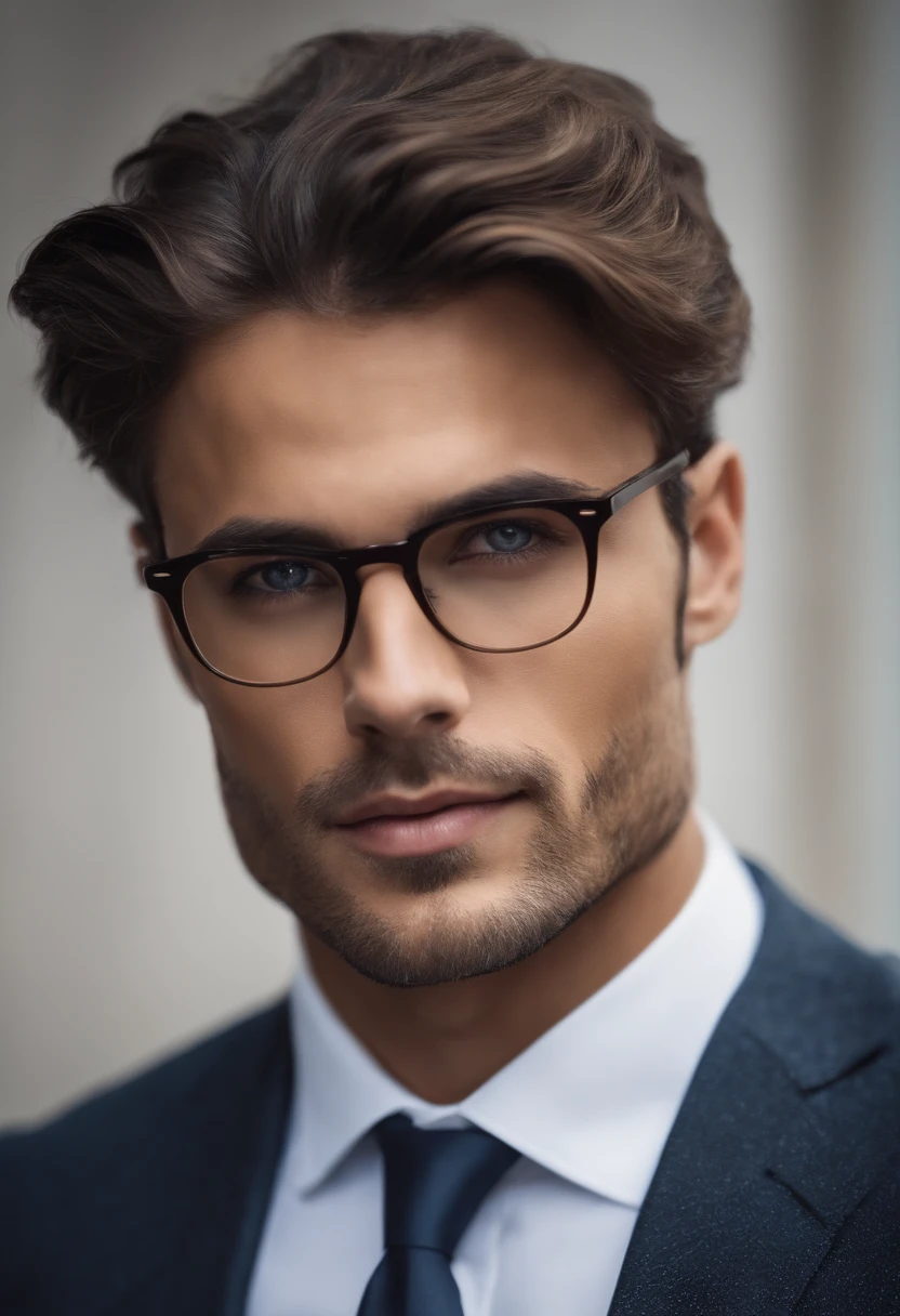 Um homem de 30 anos, com cabelos castanhos curtos,face de diamante, olhar rigoroso, e olhos castanhos, Wearing white white shirt with tie and glasses.