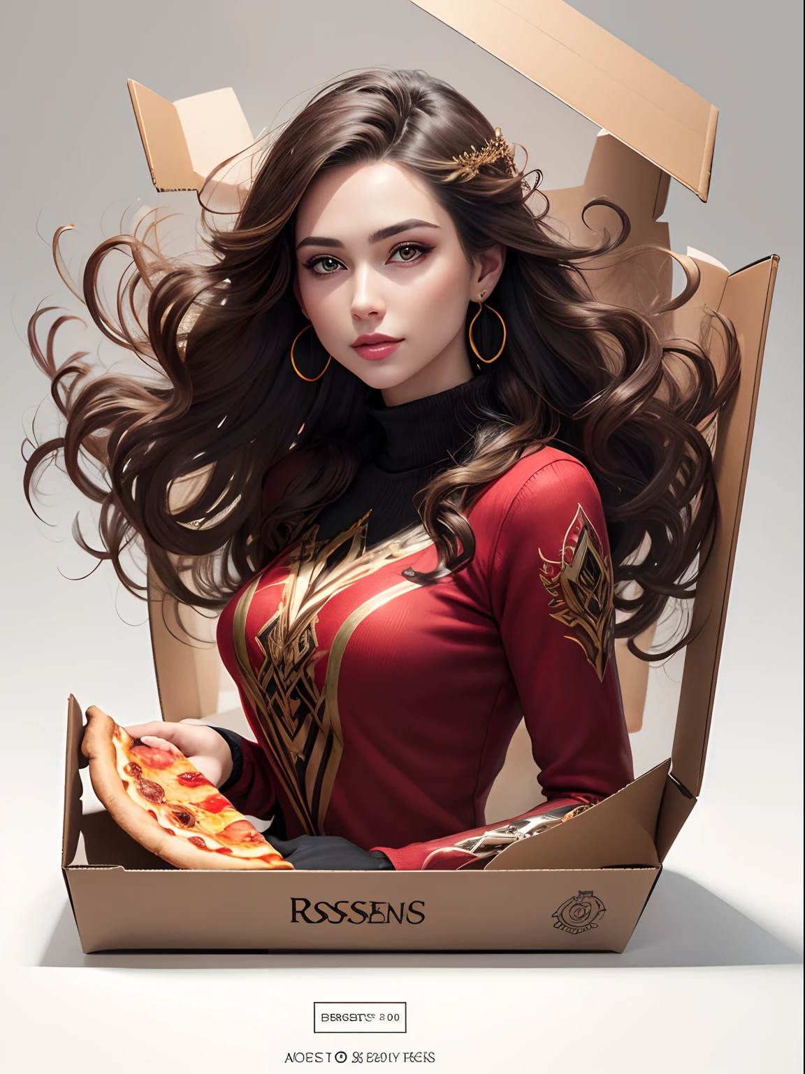 a woman sitting, hands running through hair, extremely detailed, fanart best artstation, 4k fantasy art, style artgerm, Artstation contest winner, artgerm and rossdraws, cute adorable adult human woman, realistic proportions, real adult young woman, earrings, long sleeves, floating hair, pretty face, digital painting, digital arts style, pullover, pics on a table in a pizza box,