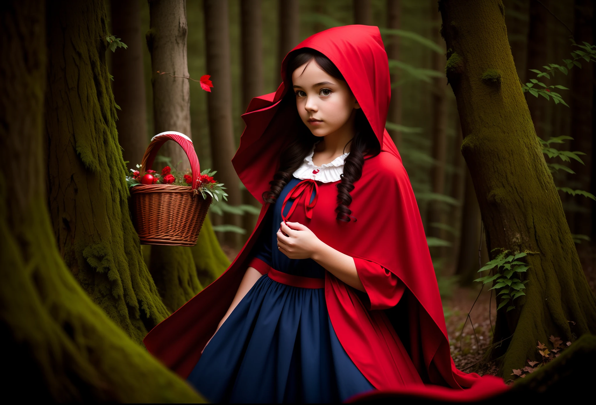 beautiful detailed ****** girl with bright blue eyes, vibrant red lips, long curled eyelashes,carrying a basket:(best quality,4k,8k,highres,masterpiece:1.2),soft pastel,forest, in the woods little red riding hood
