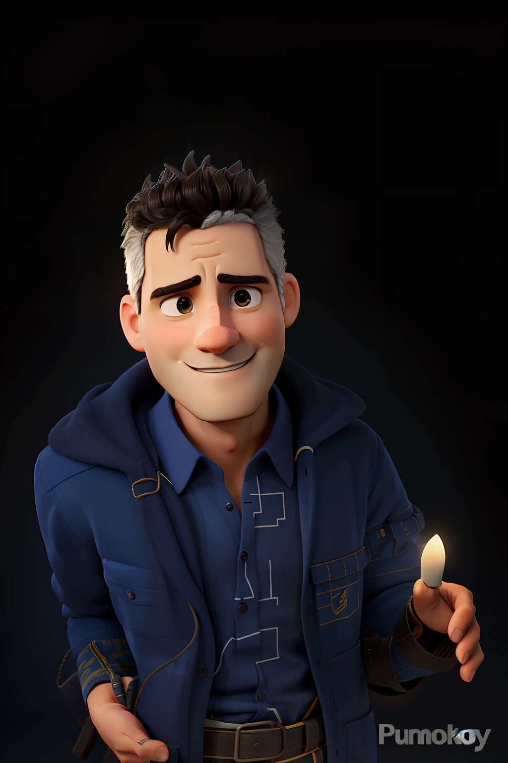 Man illuminated by the light of a lamp, contra o pano de fundo de uma biblioteca